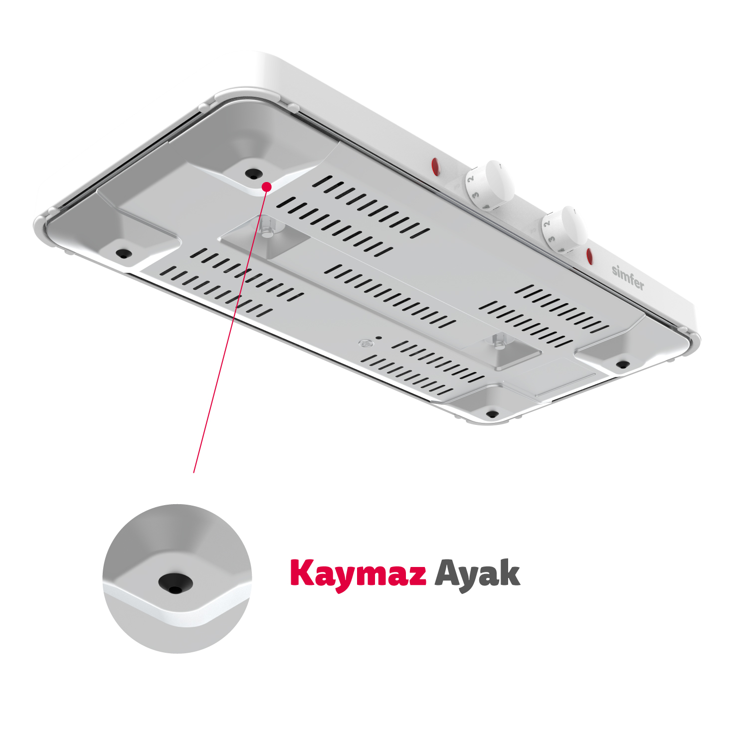 Havalandırma delikleri ve kaymaz ayakları gösteren beyaz bir Simfer ısıtıcının alt görünümü.