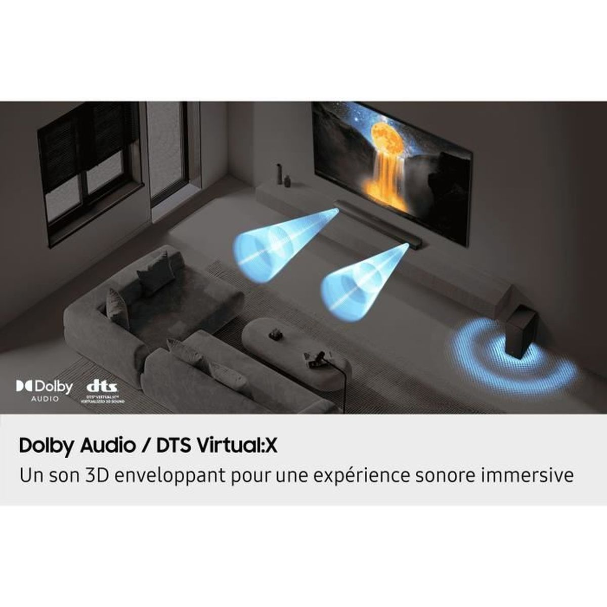 Wohnzimmer mit Soundbar und TV, blaue Lichtkegel zeigen 3D-Sound.