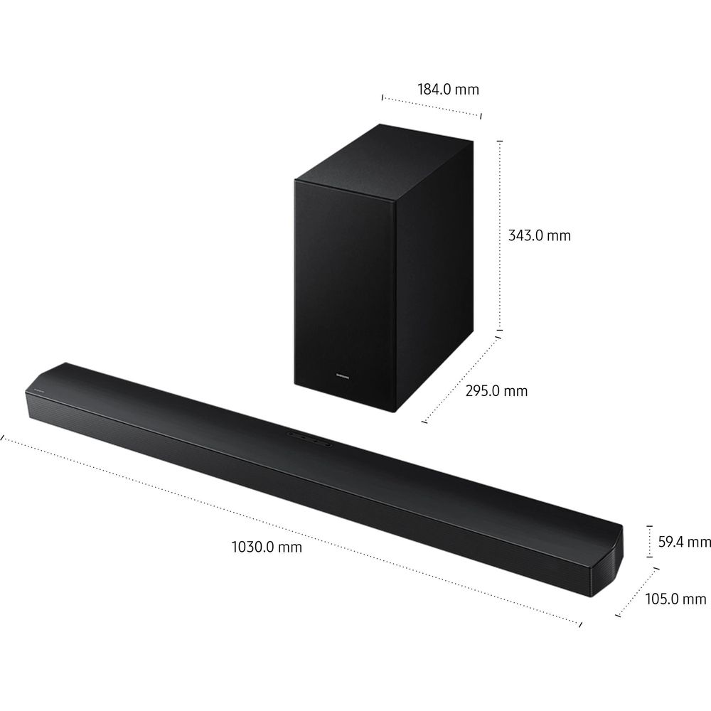 Barre de son et caisson de basse noirs avec dimensions en mm sur fond blanc.