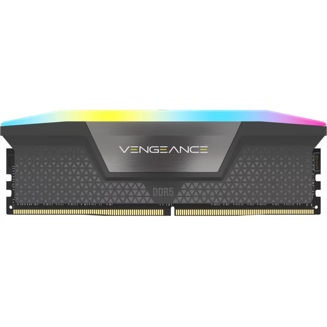 Modulo RAM DDR5 Corsair Vengeance nero con illuminazione RGB in alto su sfondo bianco.