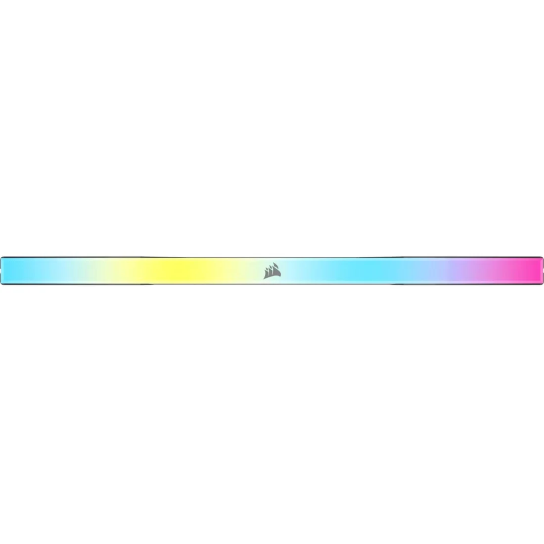 Lunga striscia luminosa RGB orizzontale con un logo nero al centro su sfondo bianco.