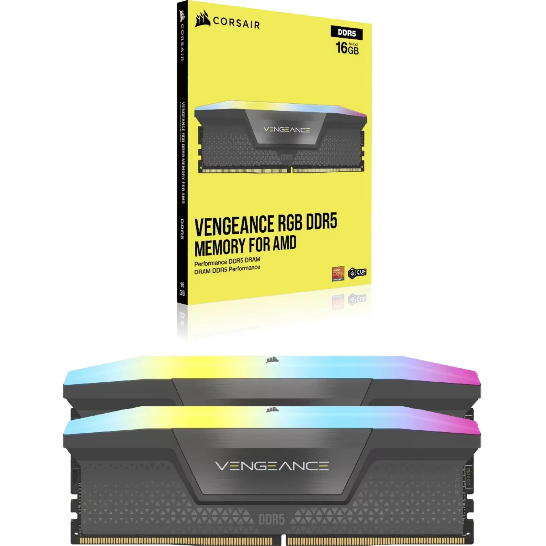 Memoria RAM Corsair Vengeance RGB DDR5 16GB davanti alla confezione gialla.
