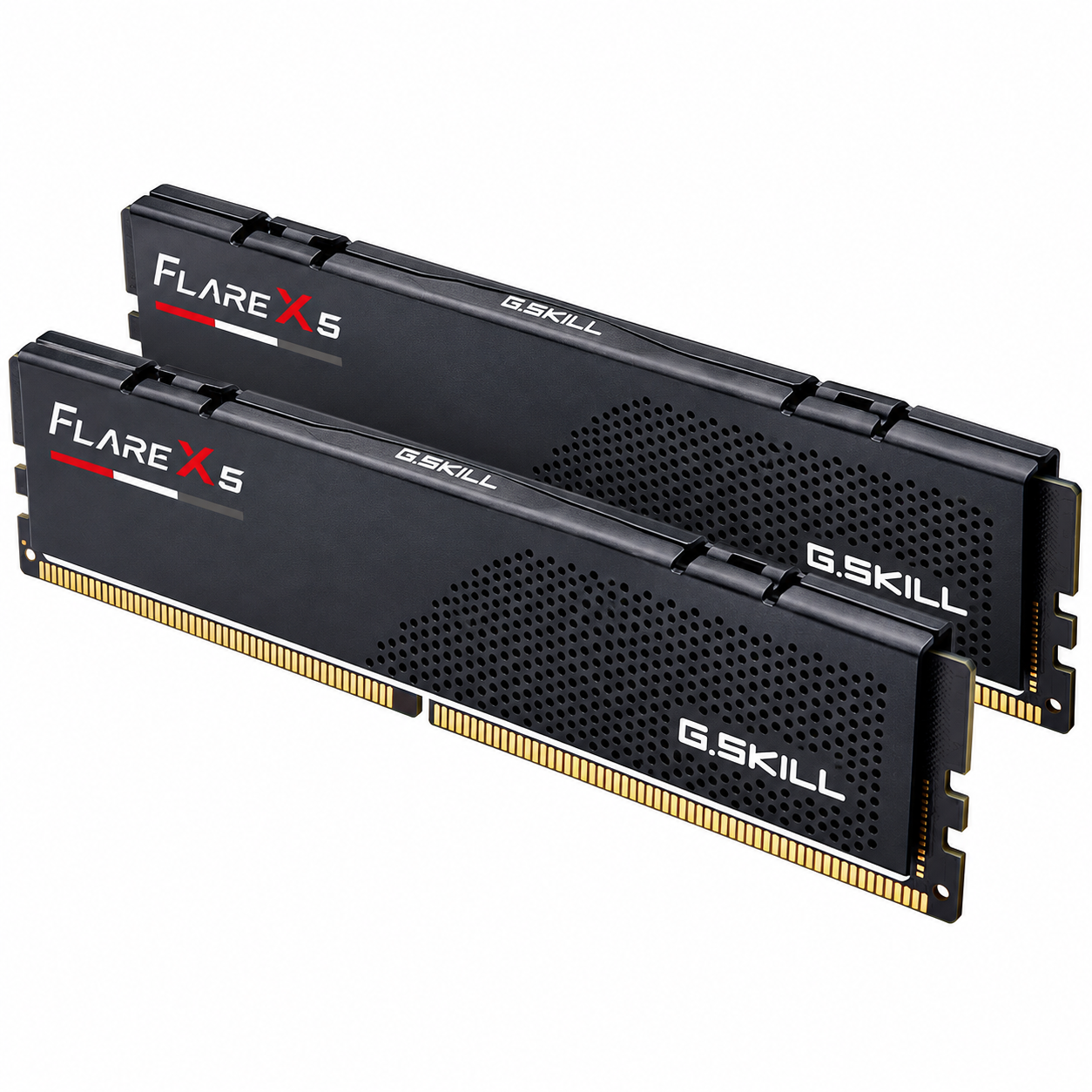 Due moduli RAM DDR5 G.SKILL Flare X5 neri con contatti dorati e marchio rosso su sfondo bianco.