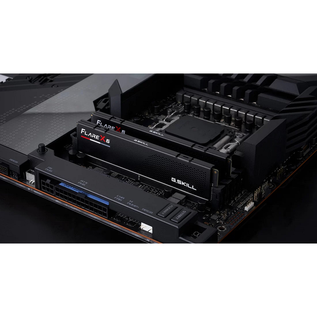 Due moduli RAM G.SKILL Flare X5 neri sono installati su una dettagliata scheda madre del computer.