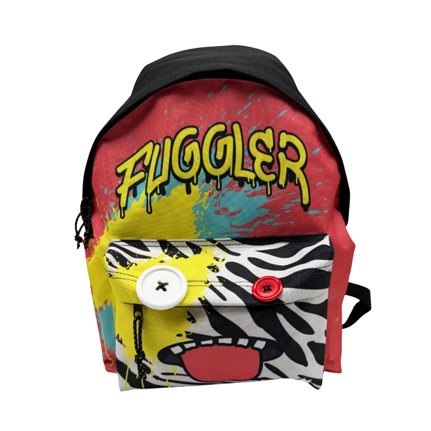 Mochila colorida con texto Fuggler amarillo, ojos de botón y bolsillo frontal estampado con gráfico de boca abierta.