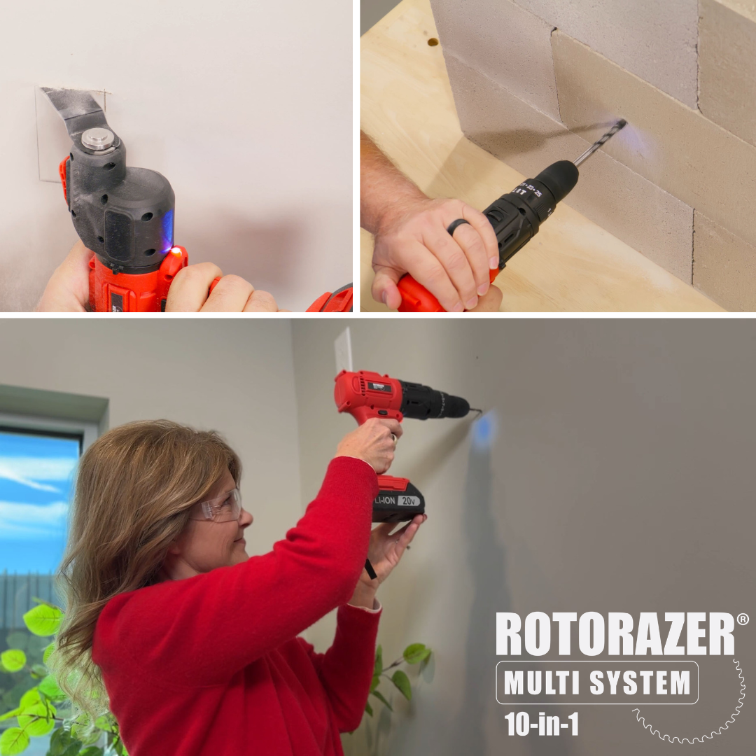 Eine Frau in roter Kleidung benutzt eine rote Bohrmaschine an einer grauen Wand, daneben Detailaufnahmen von Werkzeugen.