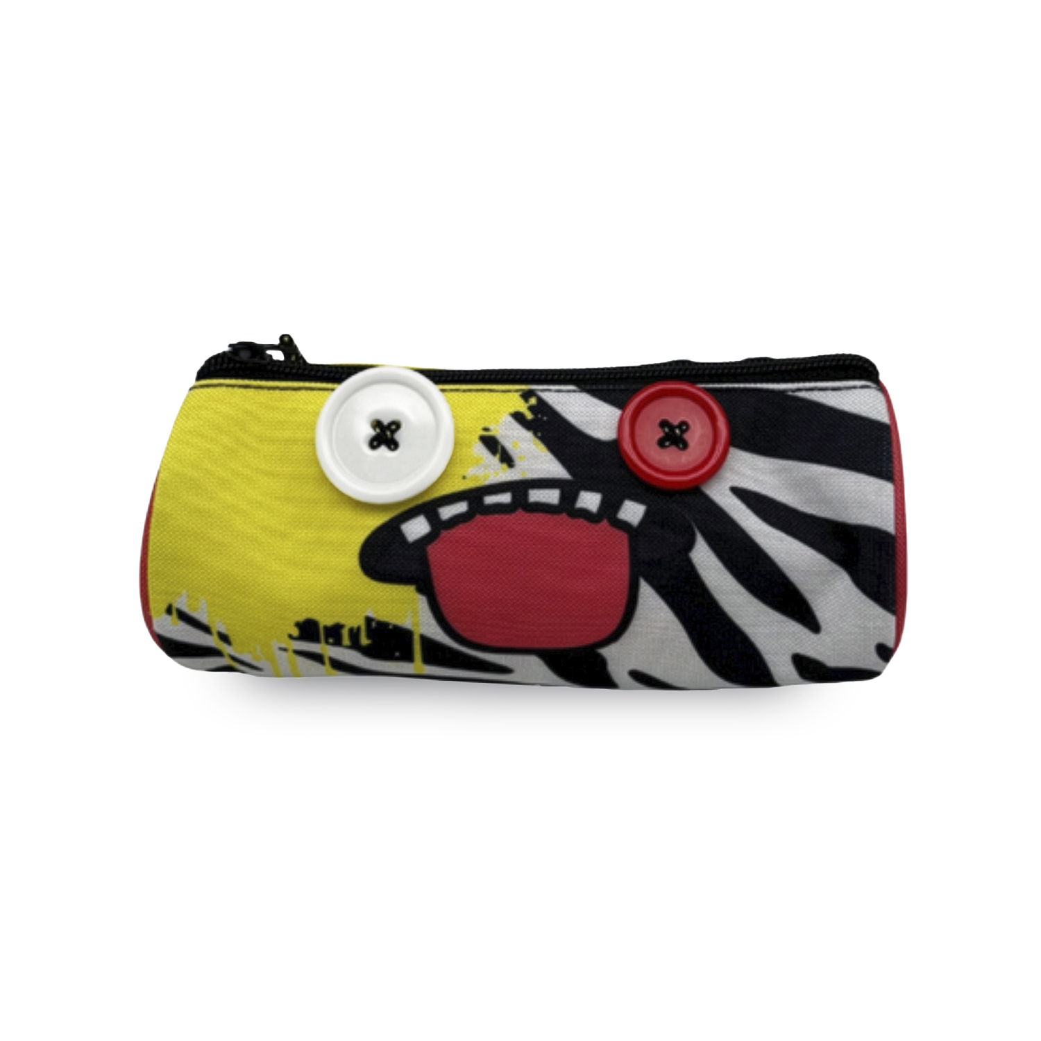 Estuche colorido con botones como ojos y una lengua pintada.