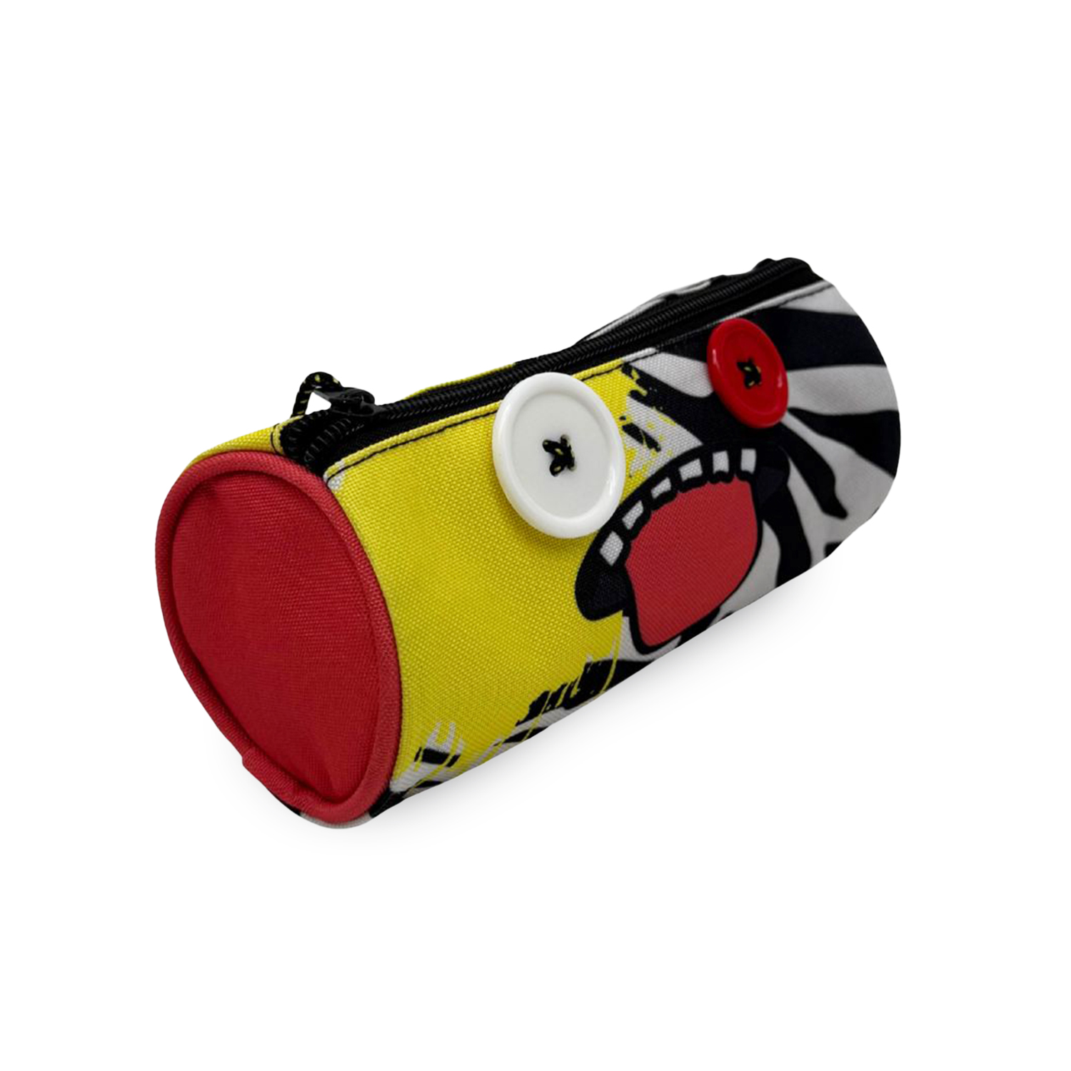 Estuche cilíndrico con patrón de cómic amarillo, rojo y blanco y negro, y botones grandes.