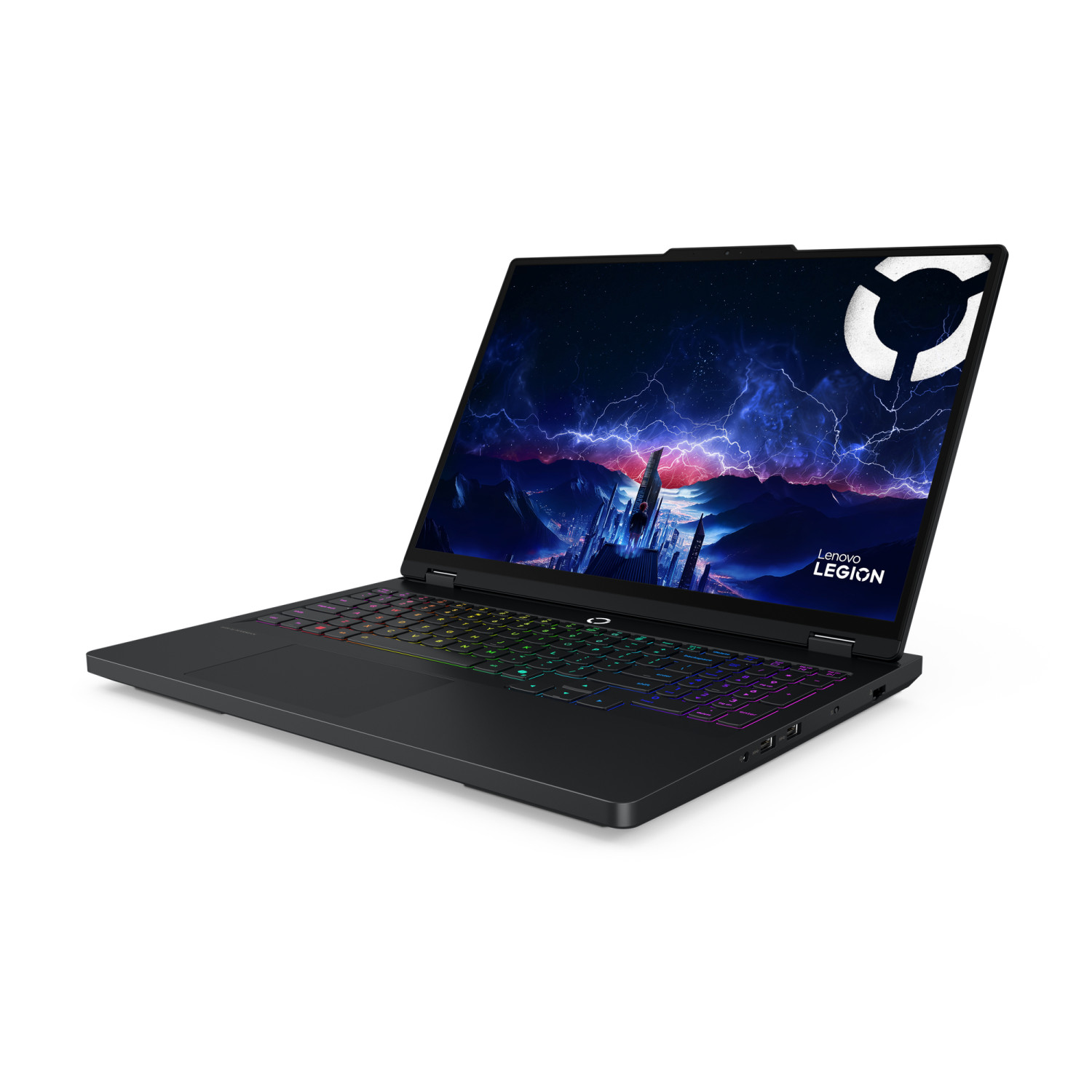 Un laptop da gioco nero Lenovo Legion con tastiera RGB e schermo colorato su sfondo bianco.