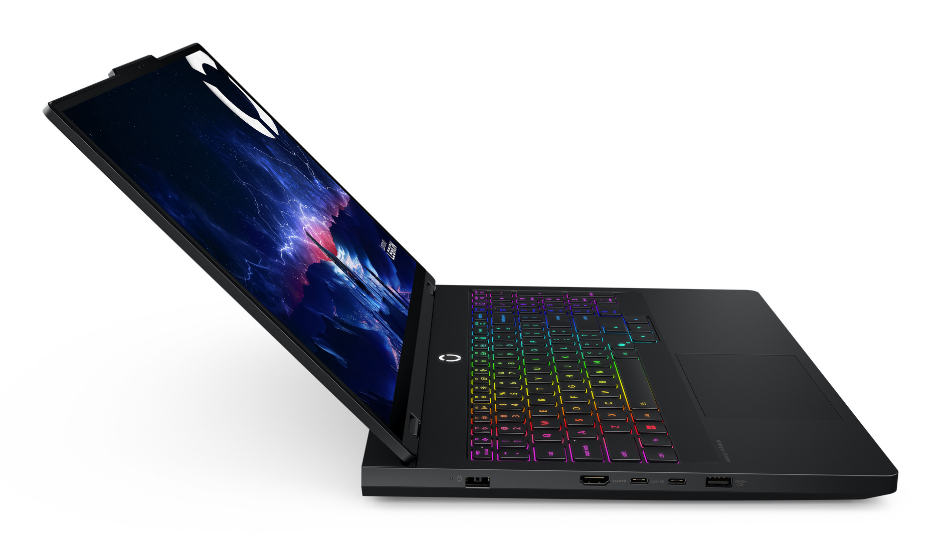 Un laptop da gioco nero con tastiera retroilluminata RGB e schermo colorato su sfondo bianco.