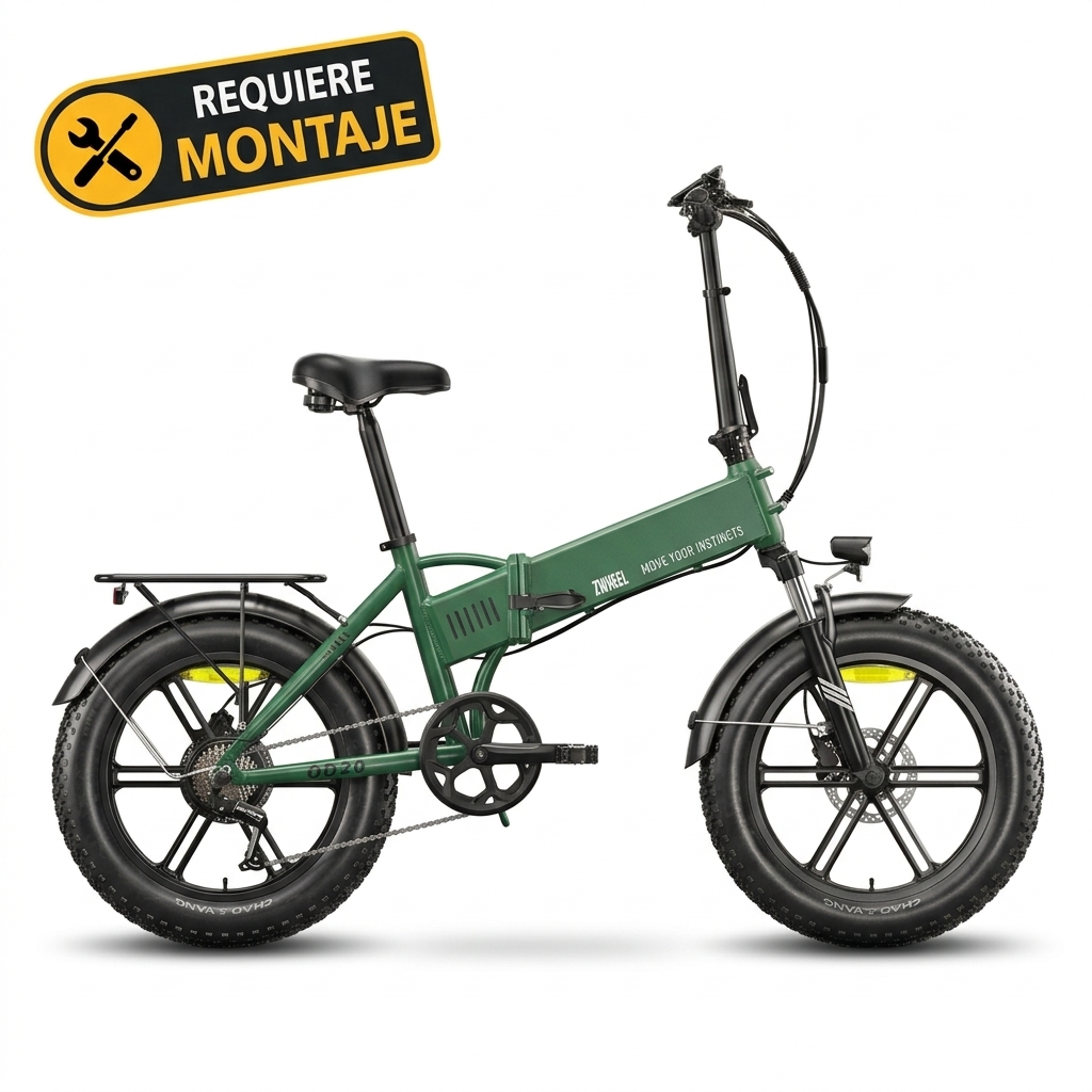 Bicicleta eléctrica plegable verde con neumáticos gruesos sobre fondo blanco.