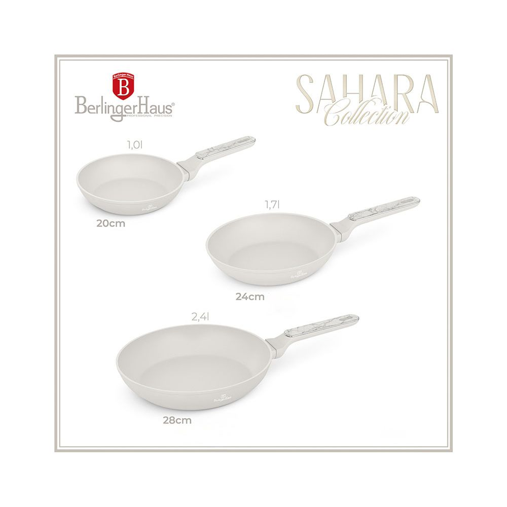 Trois poêles couleur crème Berlinger Haus Collection Sahara de 20 cm, 24 cm et 28 cm avec poignées en marbre.