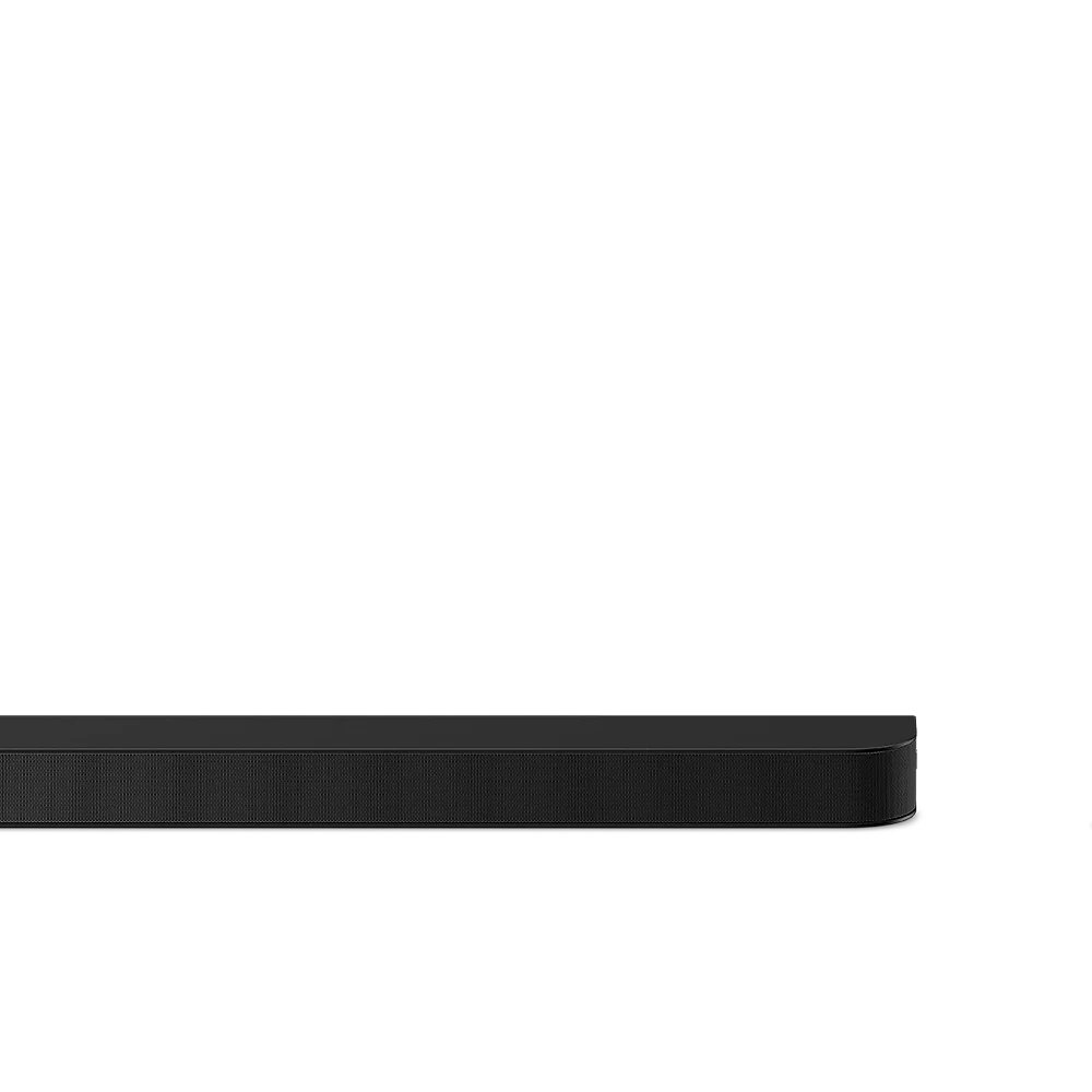 Eine schwarze Soundbar vor einem schwarzen Hintergrund.