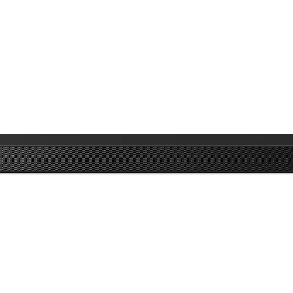 Eine elegante schwarze Soundbar mit detailliertem Lautsprechergitter vor schwarzem Hintergrund.