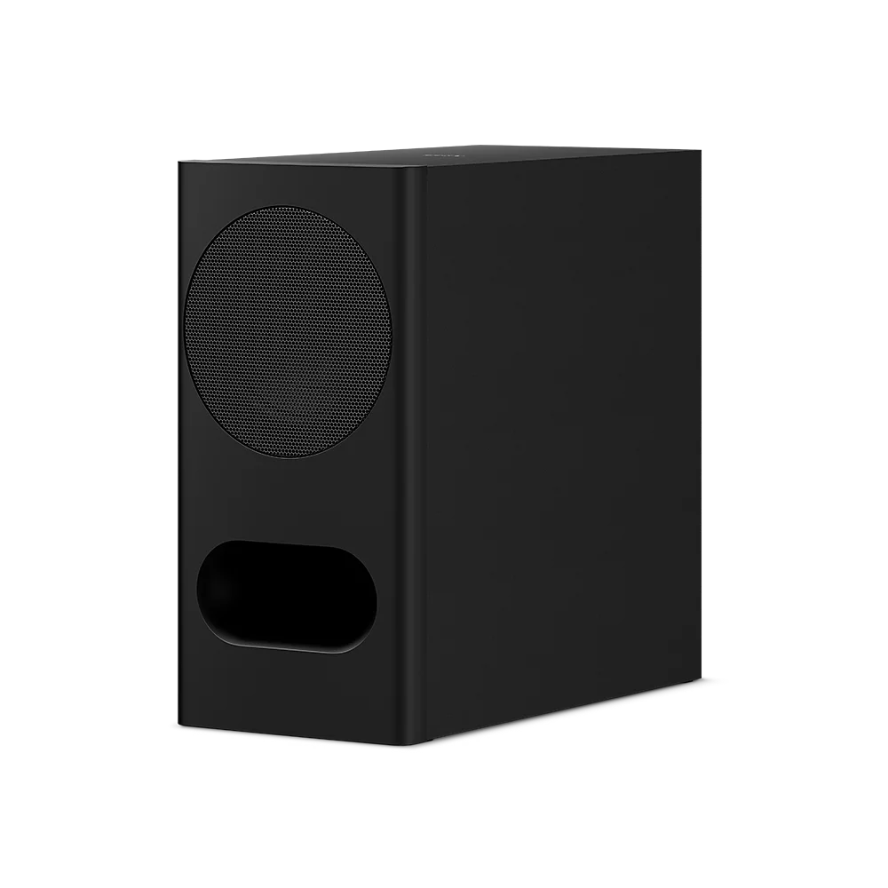 Ein schwarzer Subwoofer mit rundem Lautsprechergitter und unterer Öffnung auf schwarzem Hintergrund.