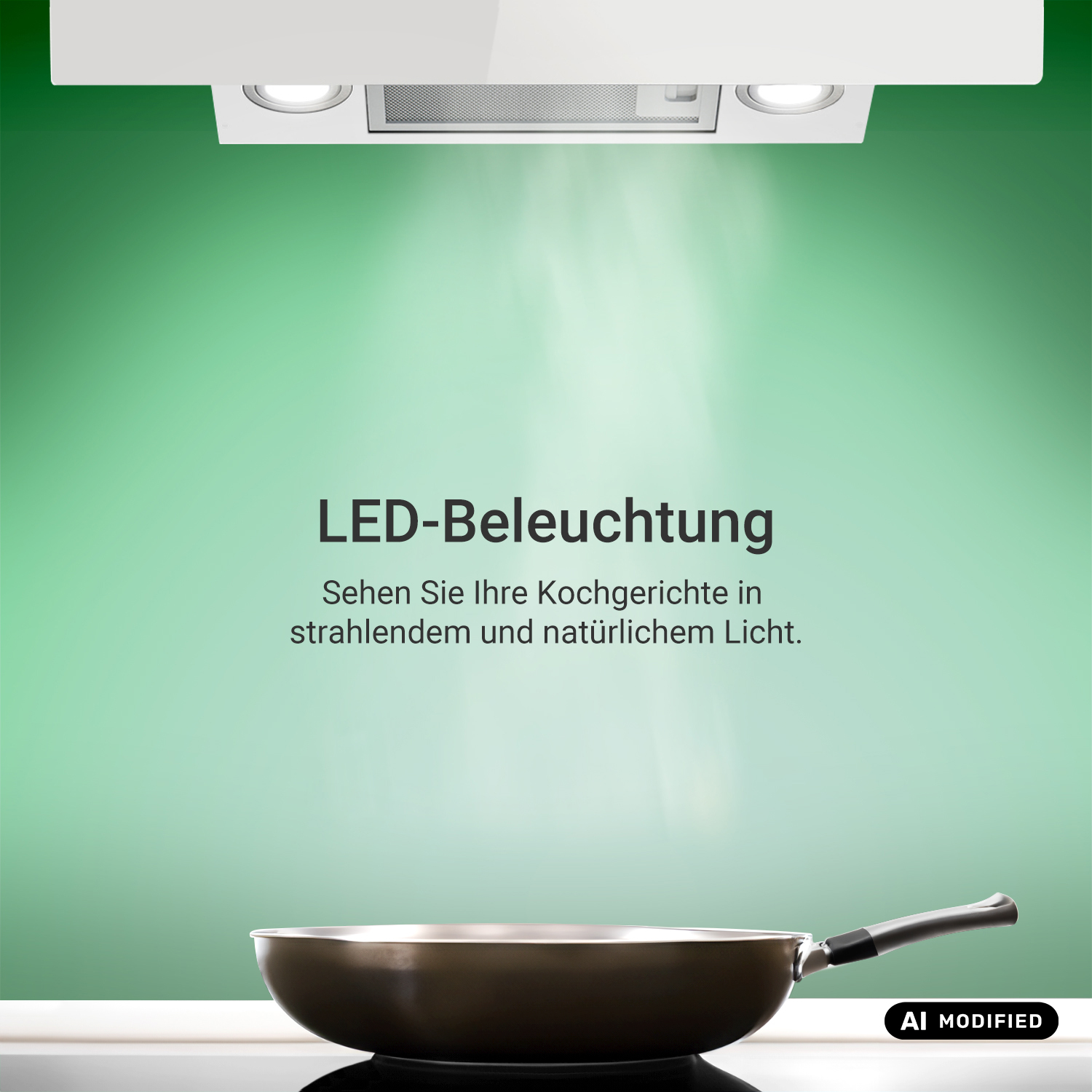 Eine Dunstabzugshaube über einem Kochfeld mit Pfanne und grünem Hintergrund sowie Text.