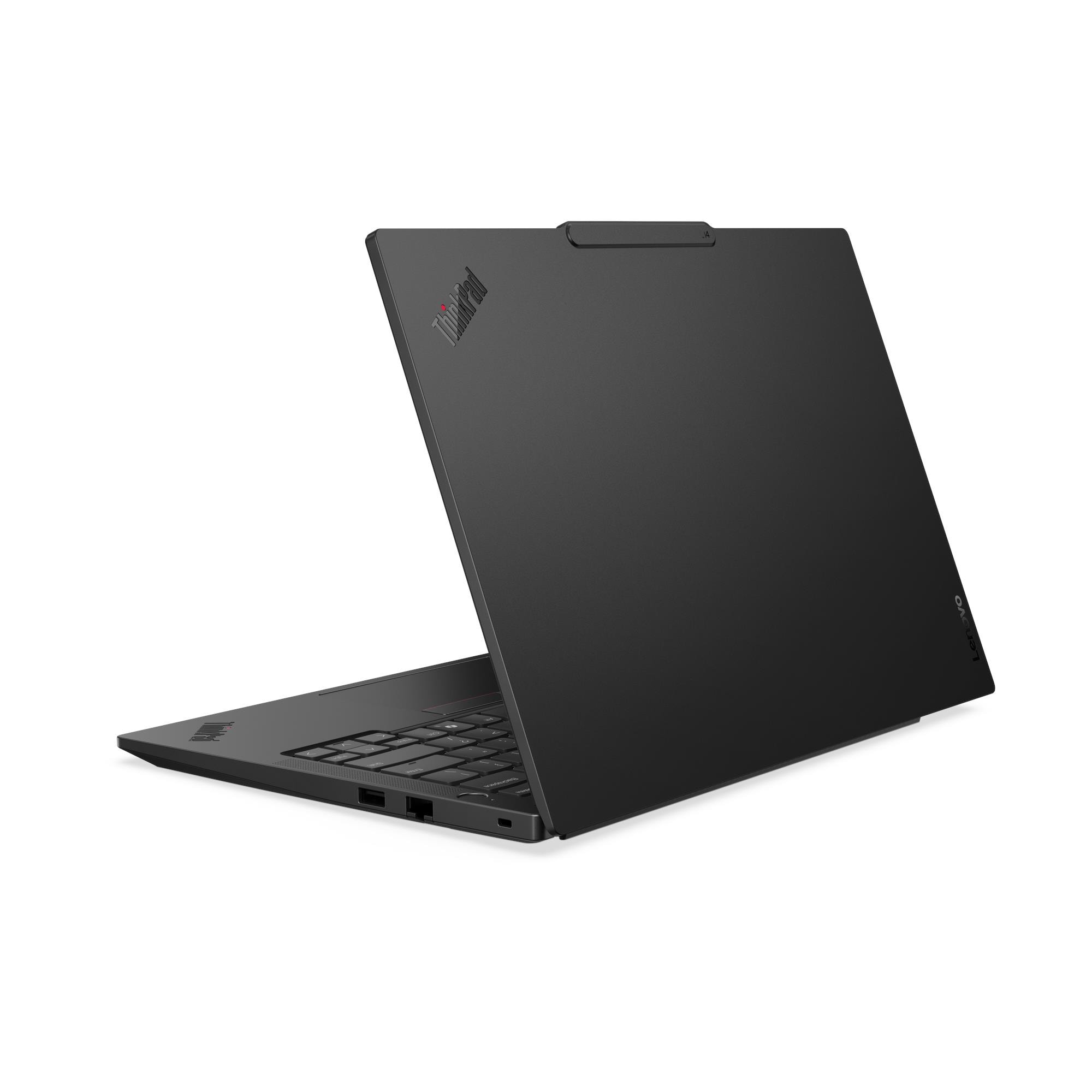 Un elegante laptop Lenovo ThinkPad nero è mostrato dall'angolazione posteriore sinistra su sfondo bianco.