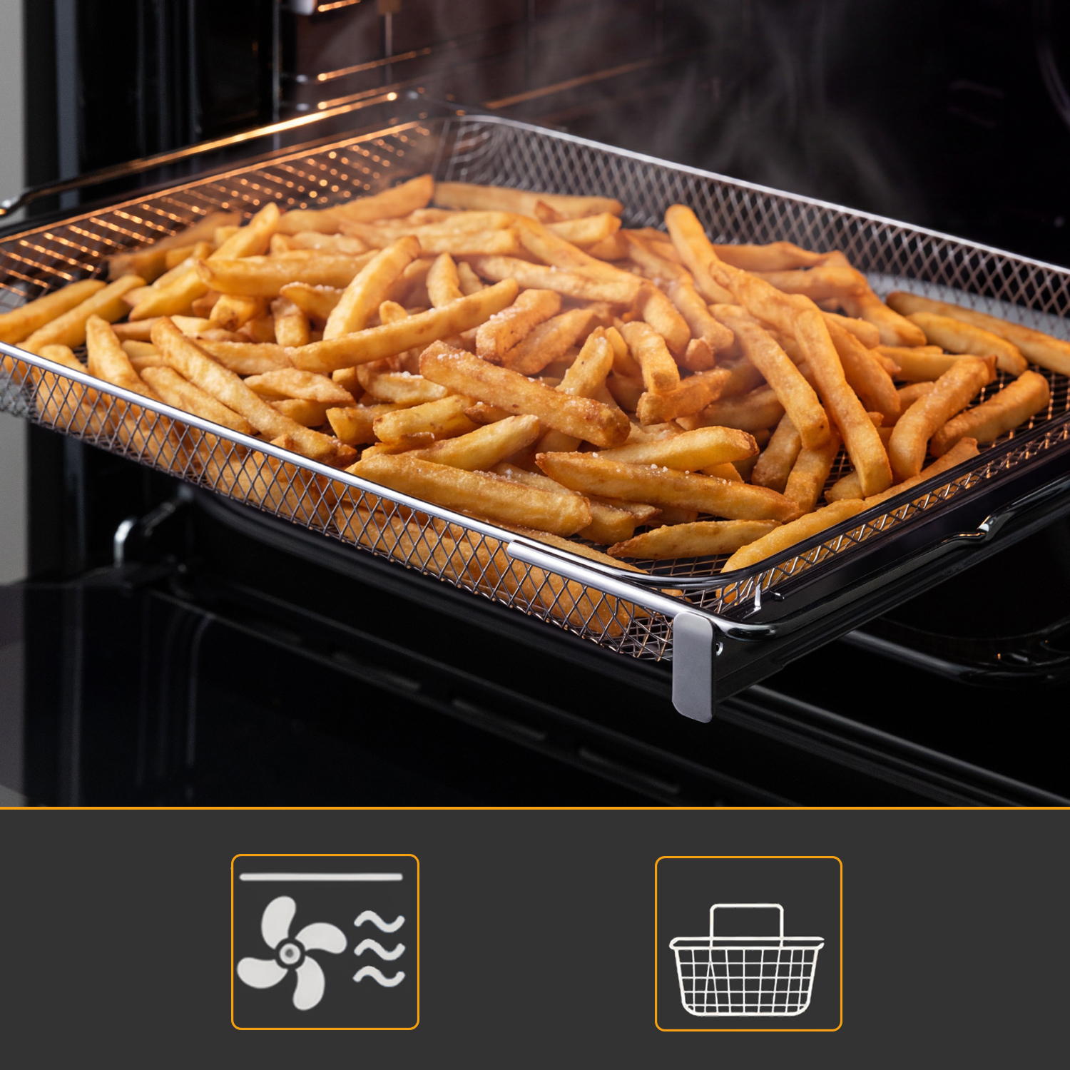 Goldbraune Pommes frites in einem Metallkorb backen im Ofen, mit Symbolen für Heißluft und Korb.