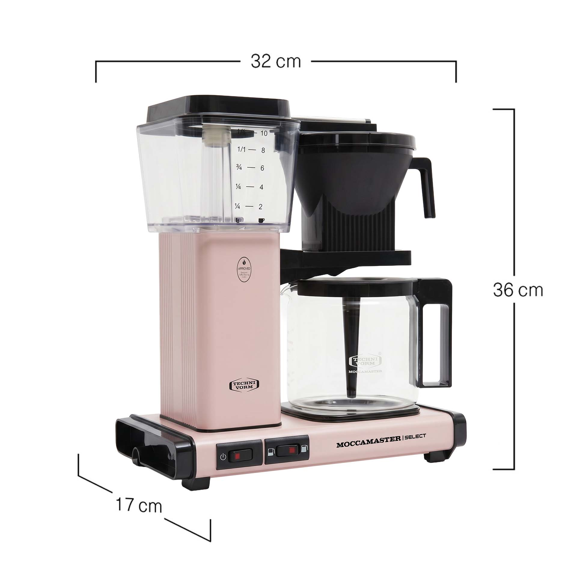 Caffettiera a filtro rosa con dimensioni: 32 cm di larghezza, 36 cm di altezza, 17 cm di profondità.