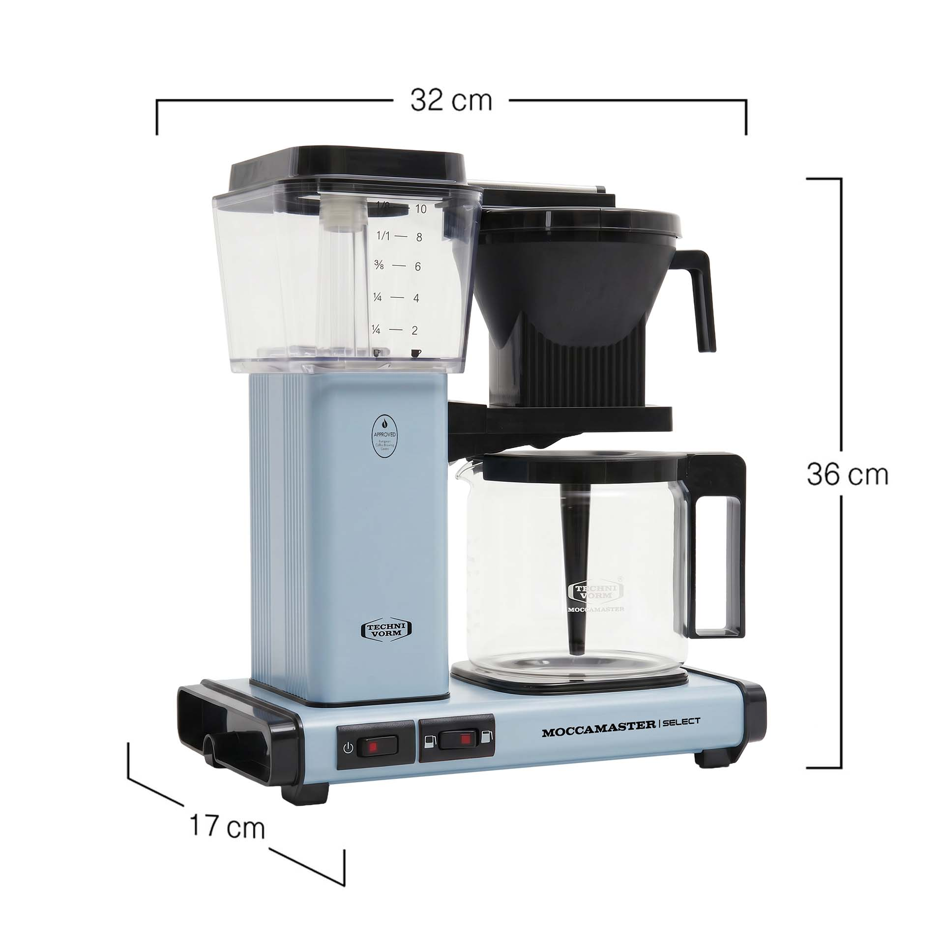 Cafetière Moccamaster bleue avec dimensions : 32 cm de large, 36 cm de haut, 17 cm de profondeur.