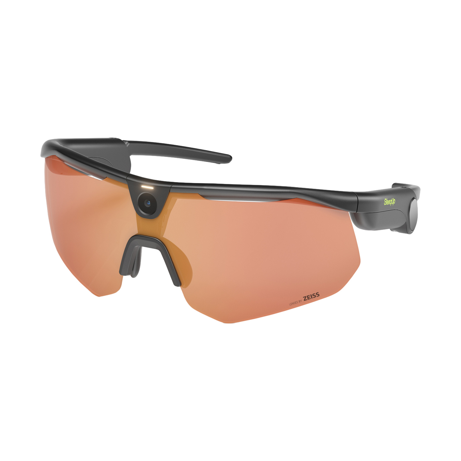 Schwarze Sportbrille mit orangefarbenen Zeiss-Gläsern und integrierter Kamera auf der Nase.