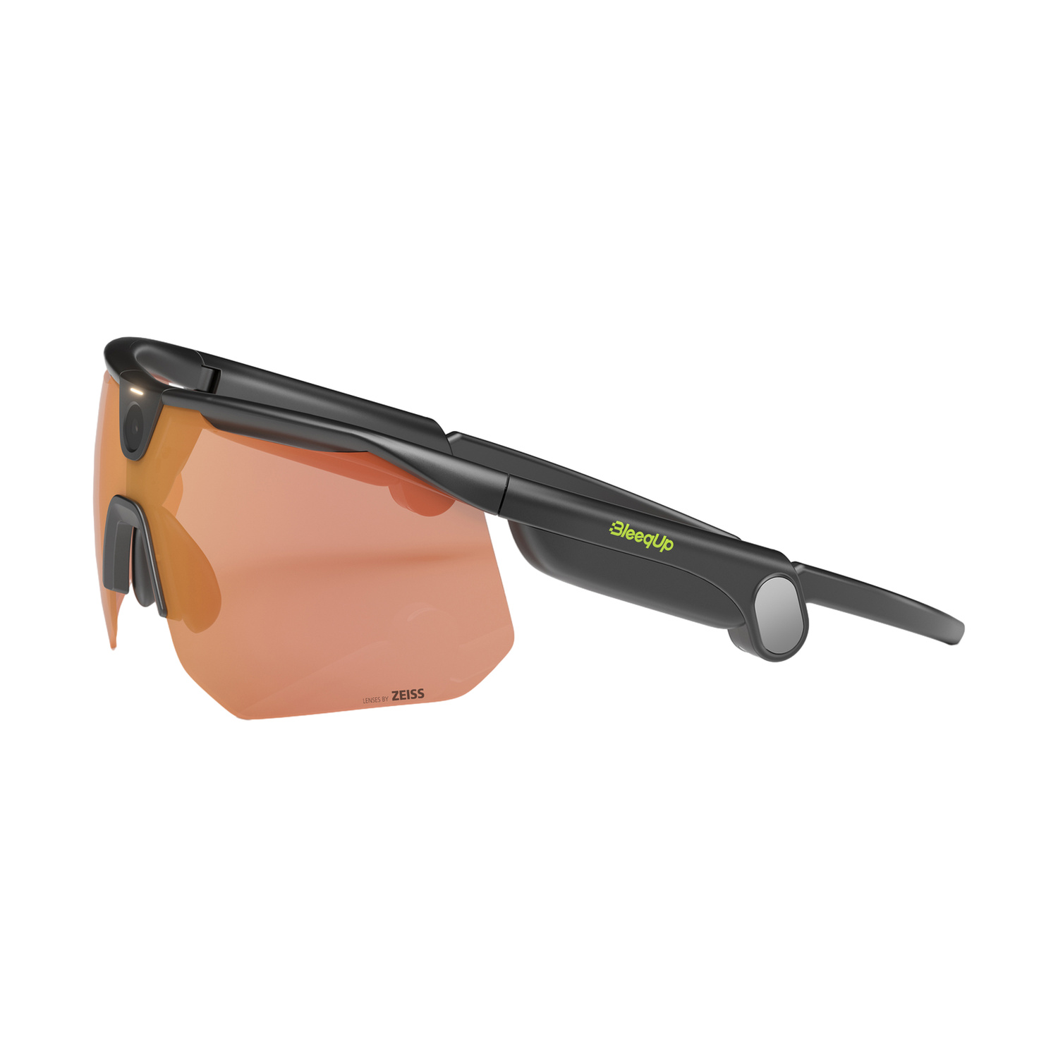 Schwarze Sportsonnenbrille mit orangefarbenen Zeiss-Gläsern und dem BleepUp-Logo auf dem Brillenbügel.