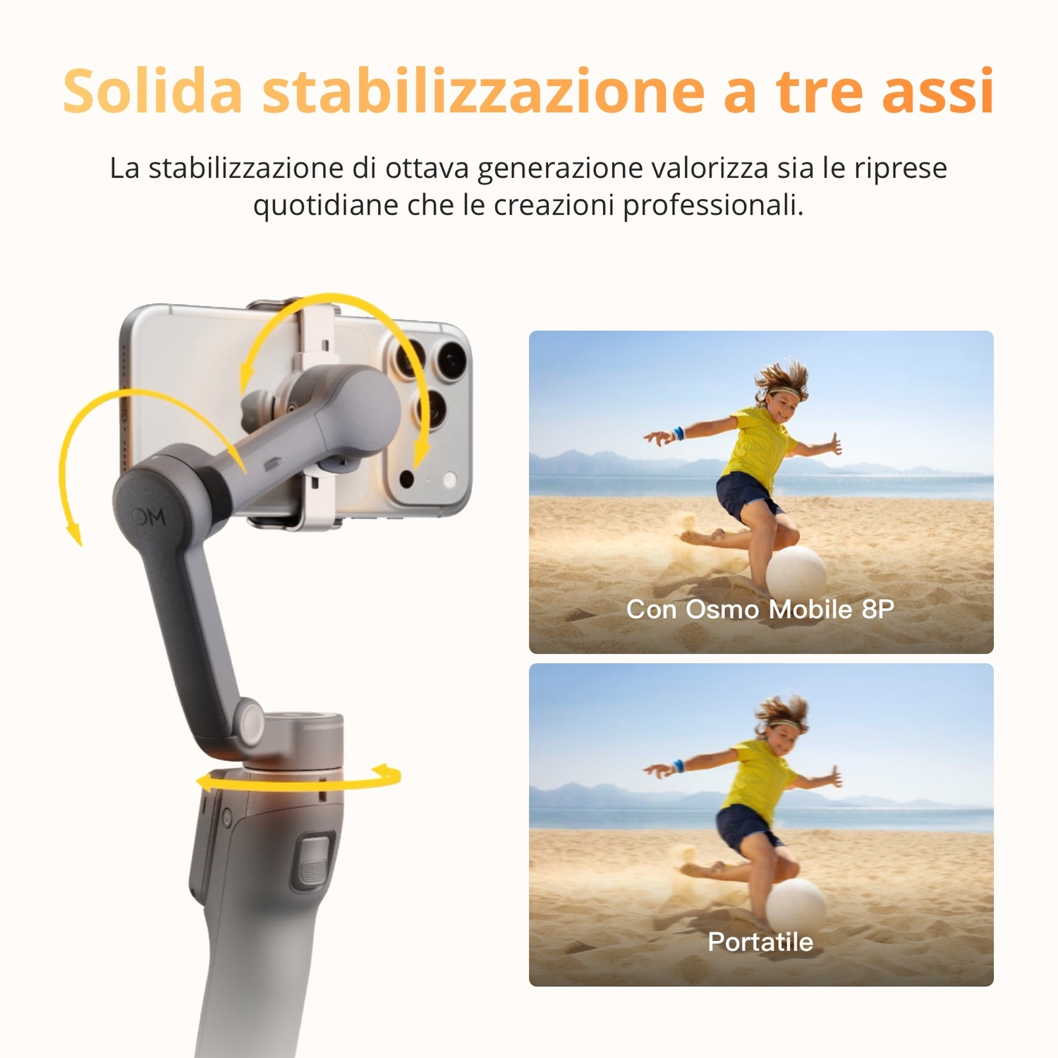 Trzyosiowy gimbal do smartfona z dwoma zdjęciami dzieci bawiących się na plaży.