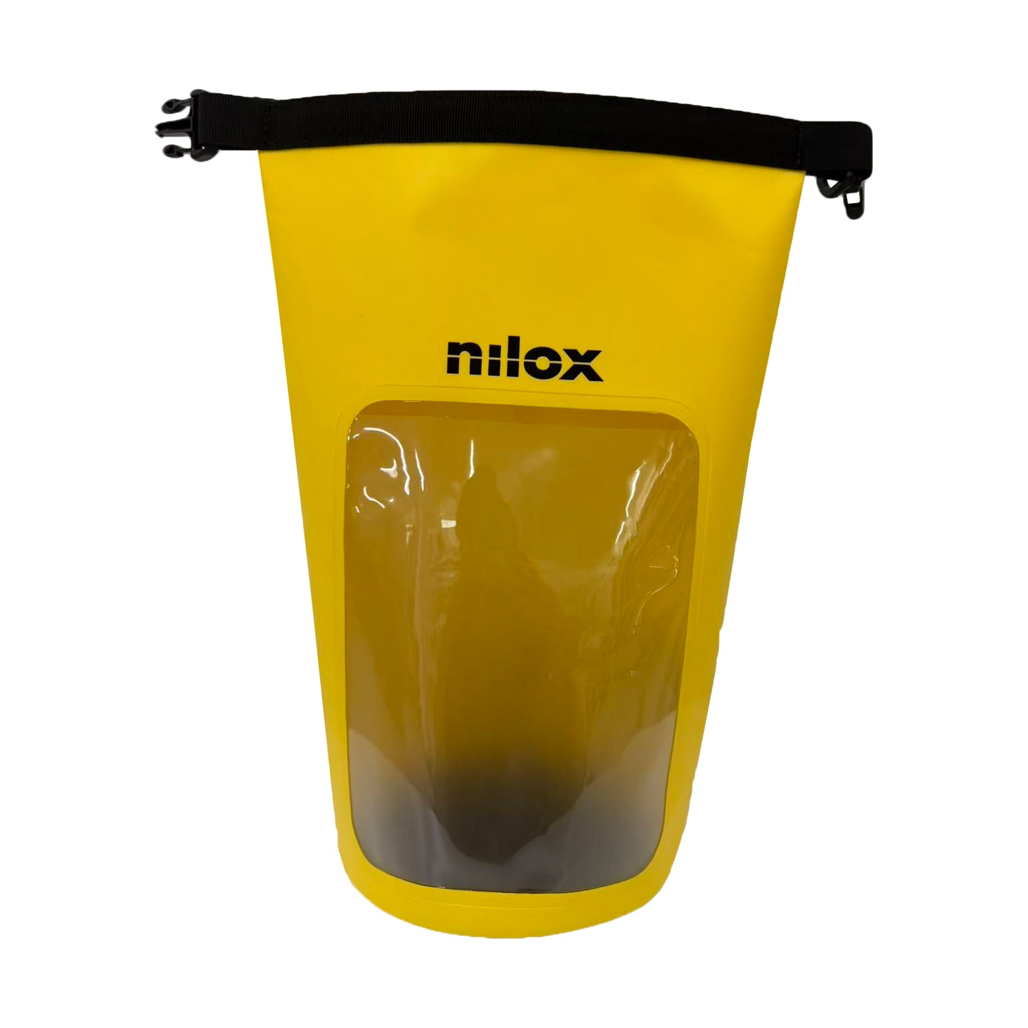 Ein hellgelber wasserdichter Packsack mit schwarzem Rollverschluss, klarem Sichtfenster und Nilox-Logo.