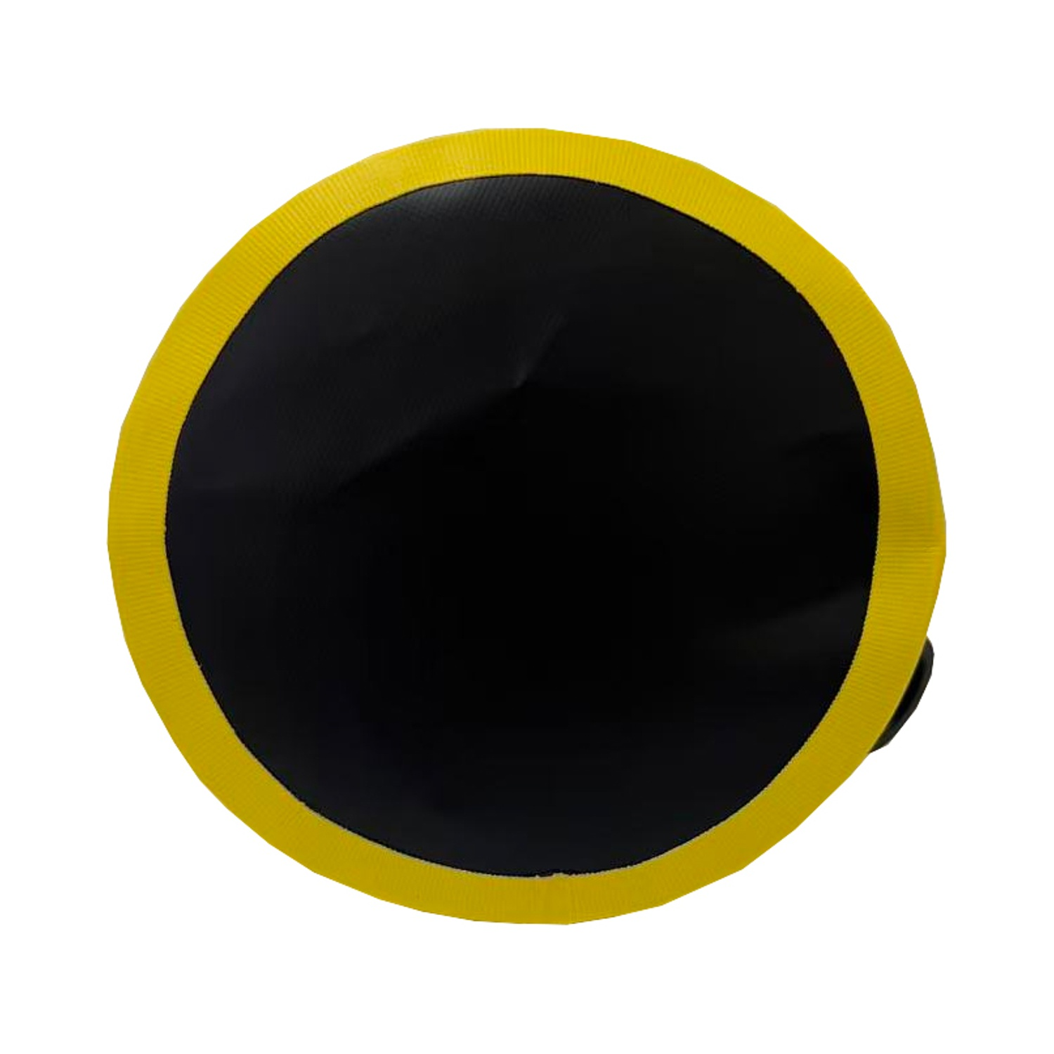 Ein schwarzes kreisrundes Objekt mit einem dicken gelben Rand vor weißem Hintergrund.