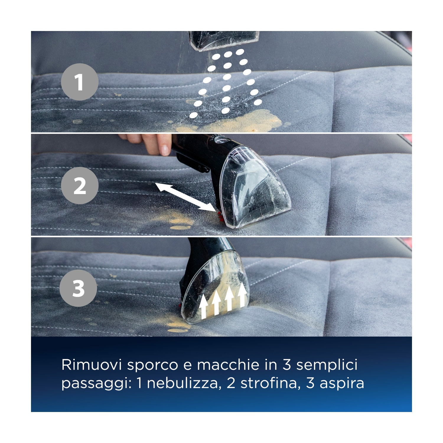Guía de limpieza en tres pasos: 1 pulverizar, 2 fregar, 3 aspirar.