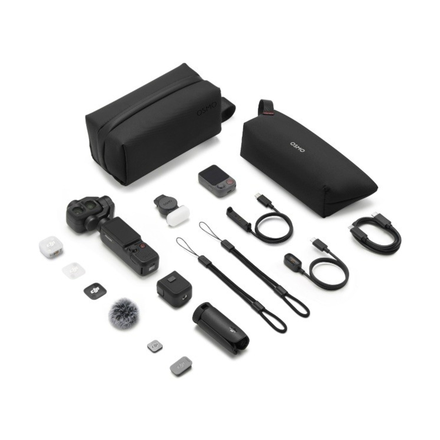 DJI Osmo Pocket Kameraset mit Zubehör, Kabeln und zwei schwarzen Aufbewahrungstaschen vor weißem Hintergrund.