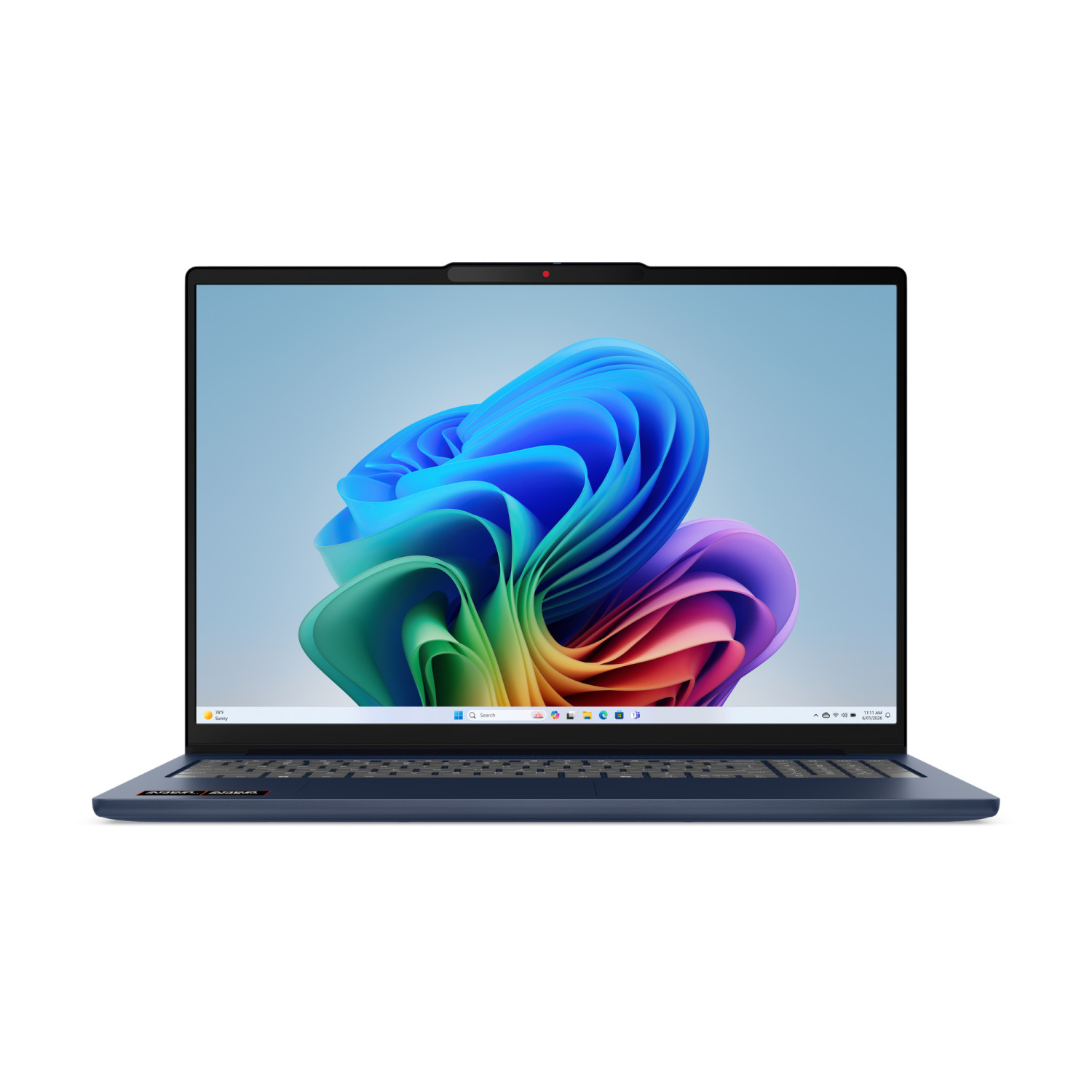 Un computer portatile blu scuro con uno sfondo astratto colorato sullo schermo, visto frontalmente su sfondo bianco.