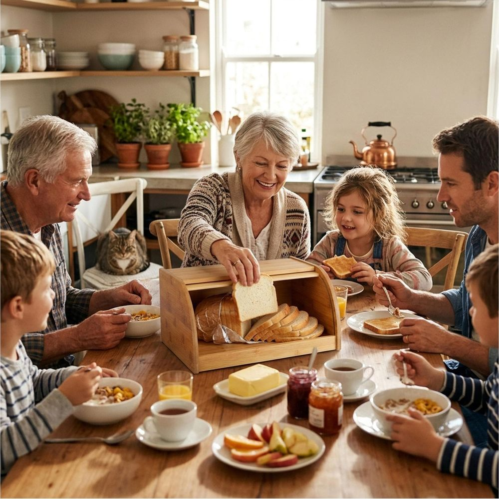 Eine Familie mit Großeltern, Eltern und zwei Kindern sitzt fröhlich an einem reich gedeckten Frühstückstisch in der Küche.