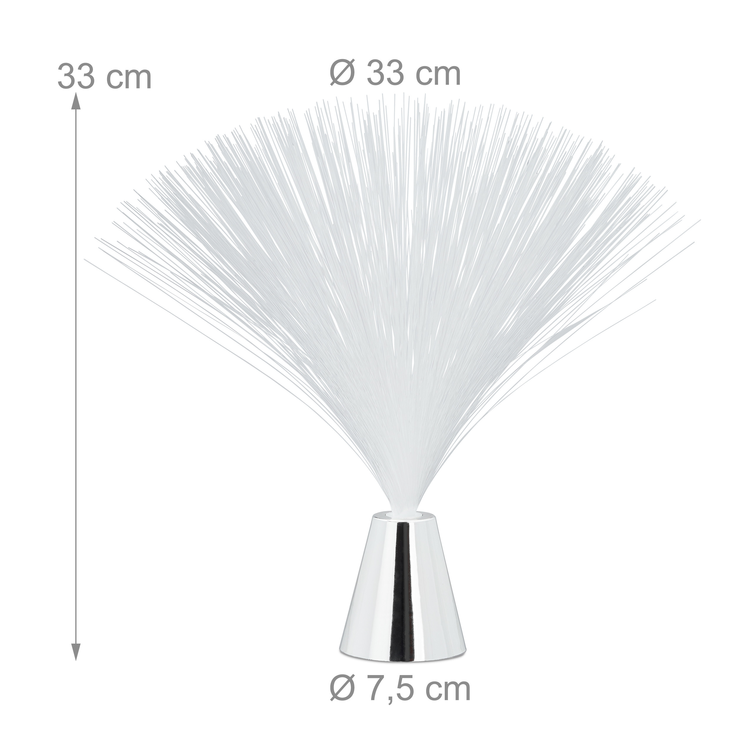Eine weiße Faseroptik-Lampe mit einem silbernen Kegelfuß und Maßen von 33 cm Höhe und 33 cm Durchmesser.