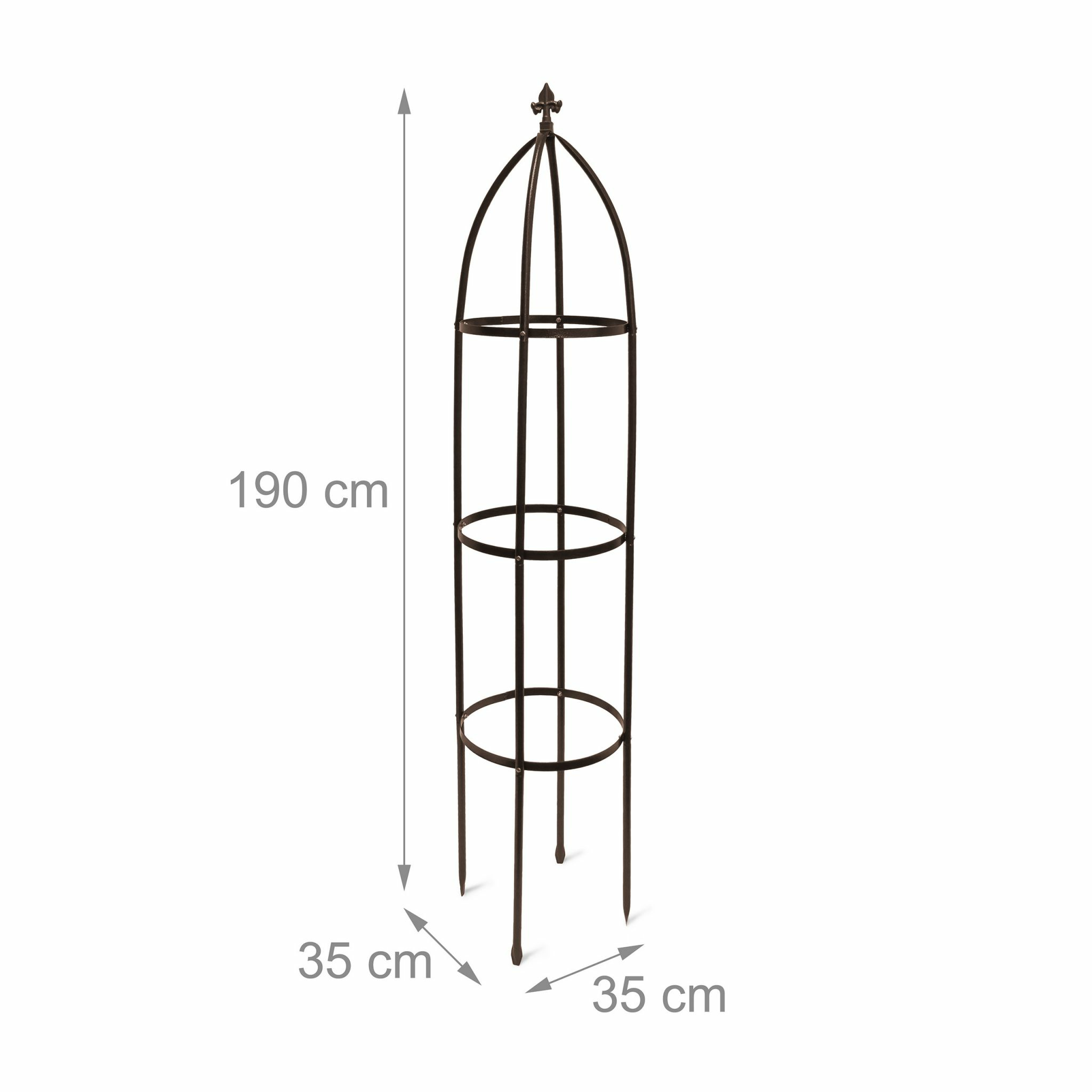 Braune Metall-Gartenrankhilfe, 190 cm hoch, 35x35 cm breit, auf weißem Hintergrund mit Maßen.