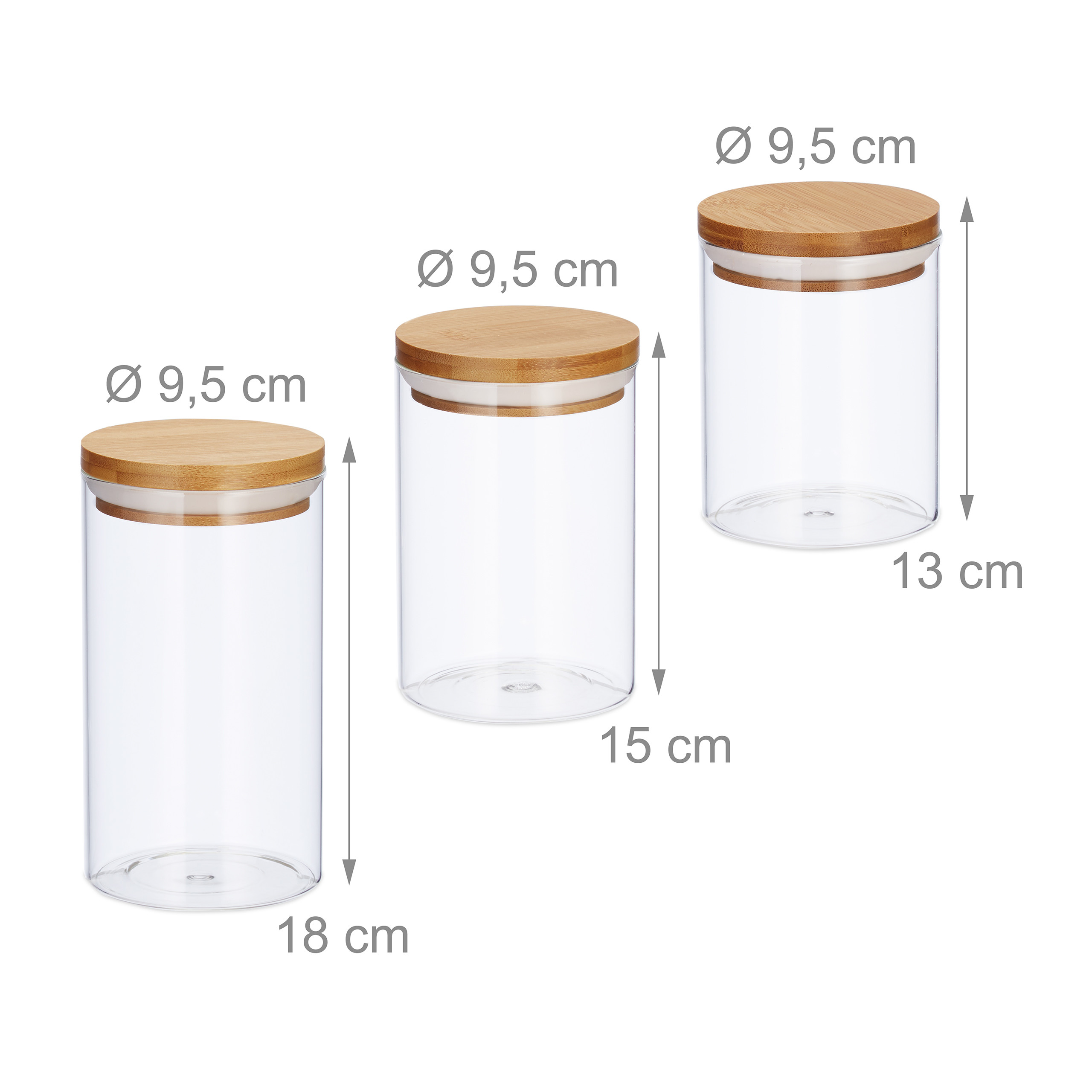 Drei Vorratsgläser mit Holzdeckel zeigen Maße: 18 cm, 15 cm und 13 cm Höhe, alle 9,5 cm im Durchmesser.