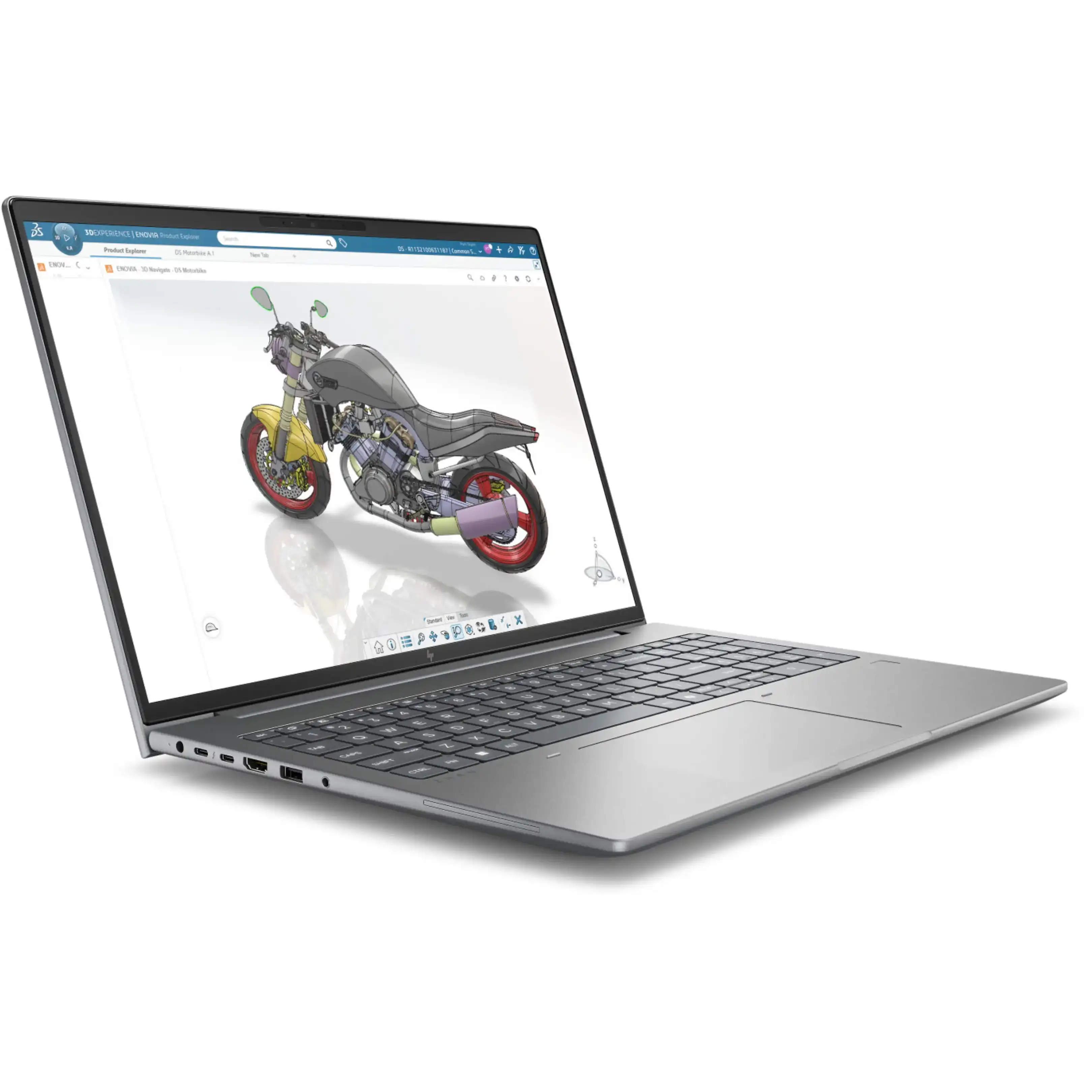 Un computer portatile argentato mostra un modello CAD 3D di una moto.