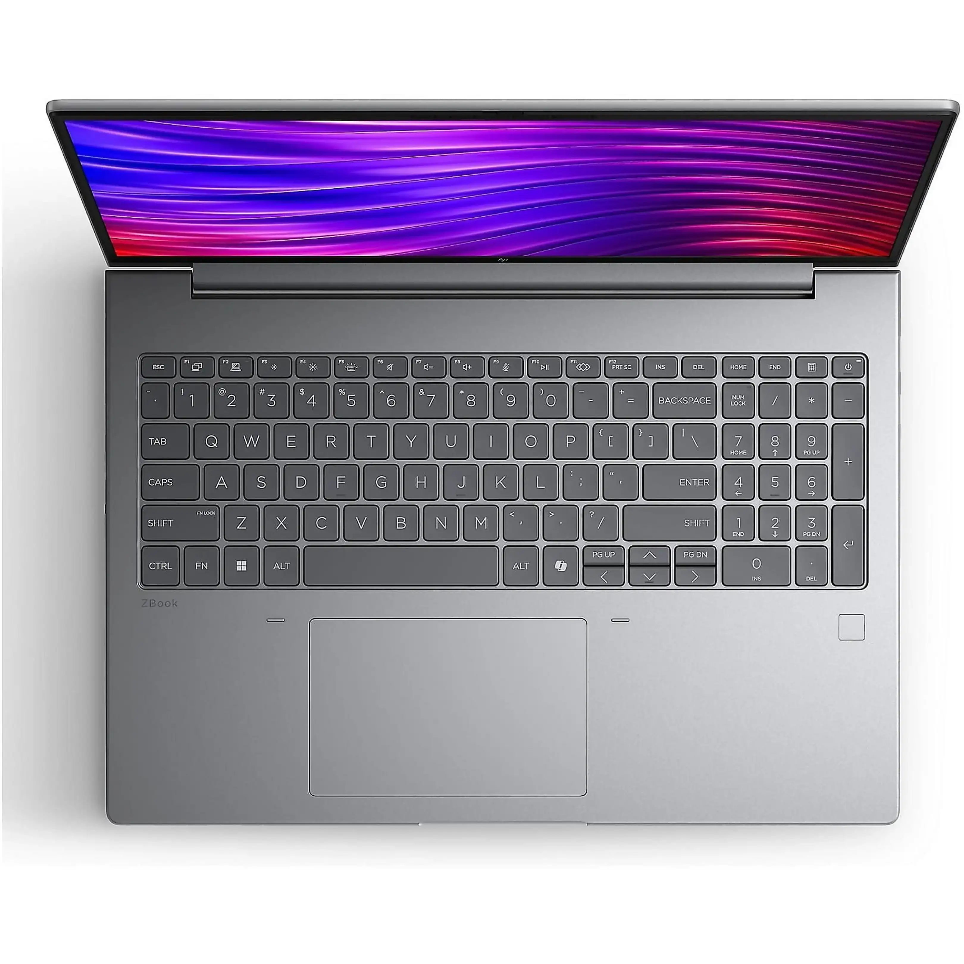 Vista dall'alto di un laptop ZBook grigio con schermo viola e blu.