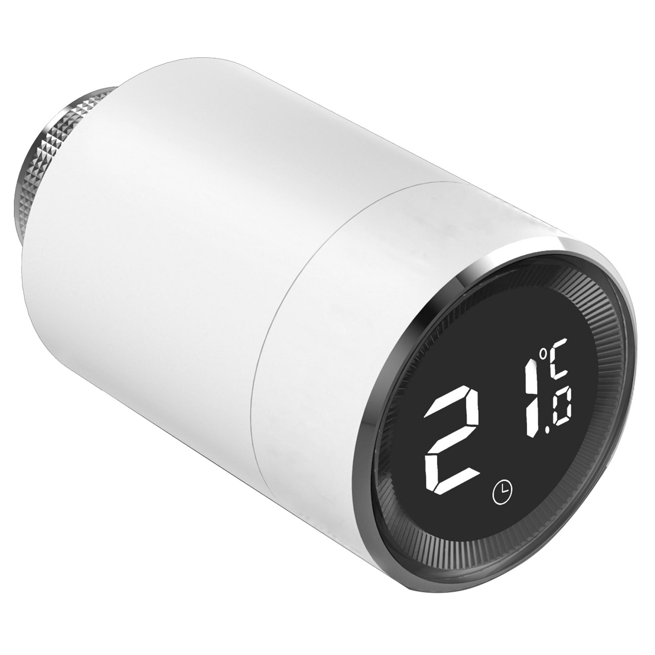 Weißes digitales Thermostat mit einem runden schwarzen Display, das 21,5 Grad anzeigt.