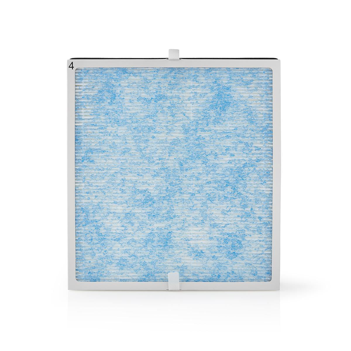 Filtro d'aria quadrato con cornice bianca e elemento filtrante plissettato blu su sfondo bianco.