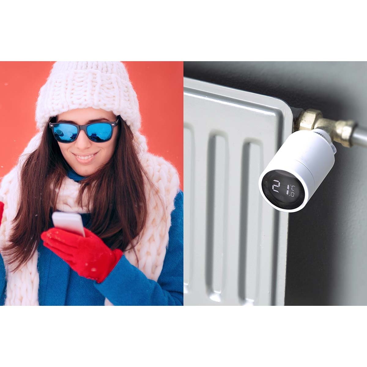 Frau in Winterkleidung nutzt ihr Smartphone neben einem Heizkörper mit digitalem Thermostat.