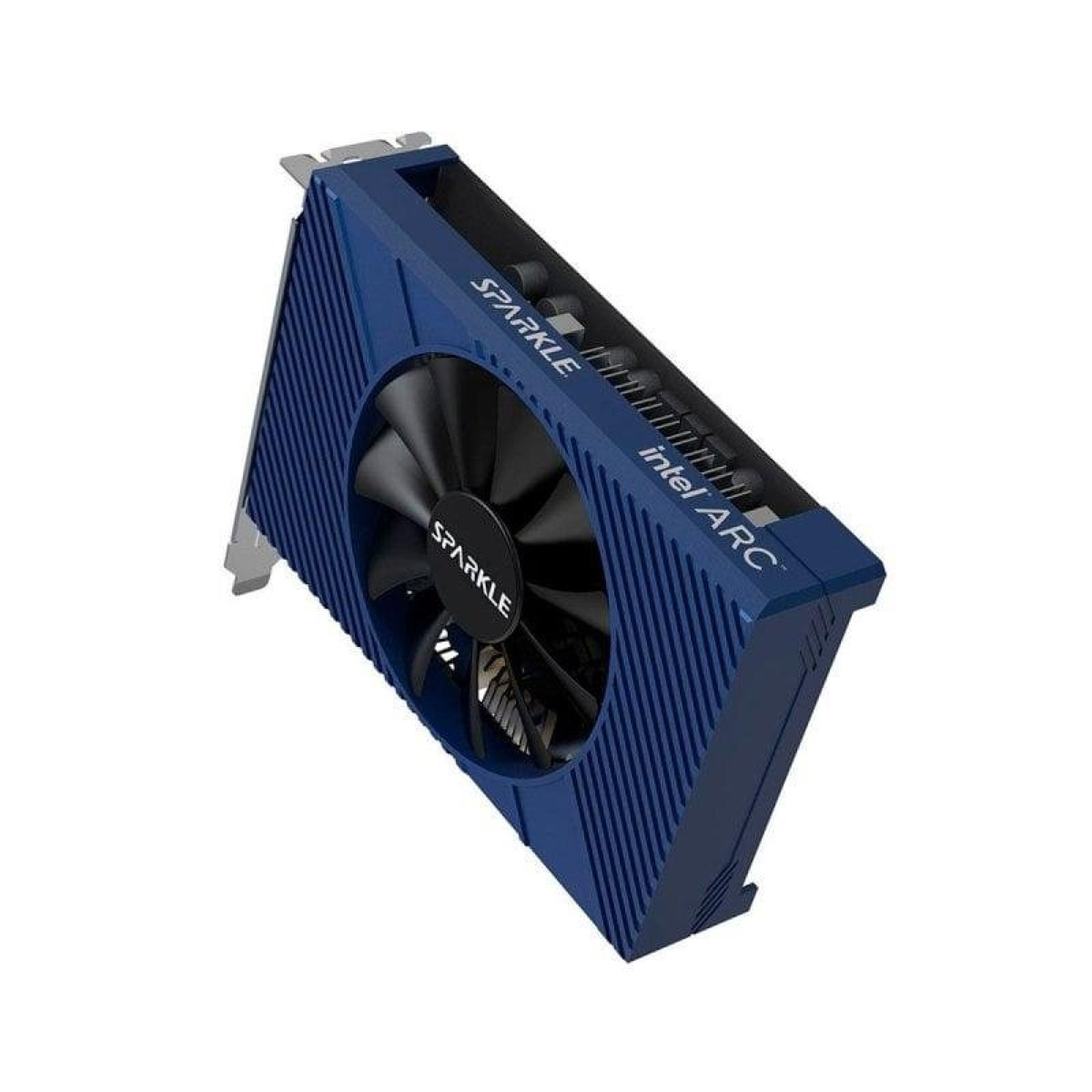 Tarjeta gráfica azul Sparkle Intel Arc con un solo ventilador en fondo blanco.
