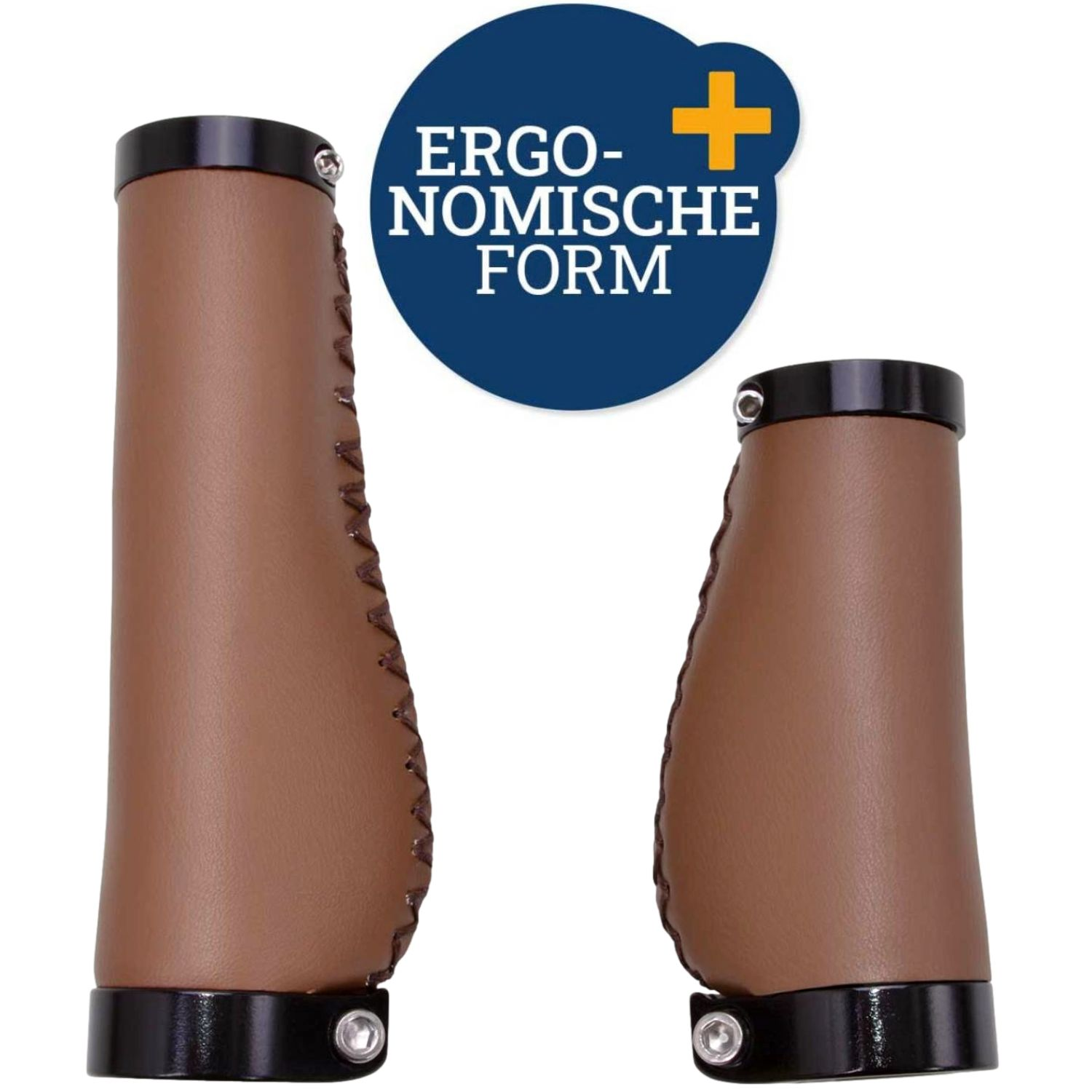 Zwei braune ergonomische Fahrradgriffe mit schwarzen Metallenden und blauer Infografik.