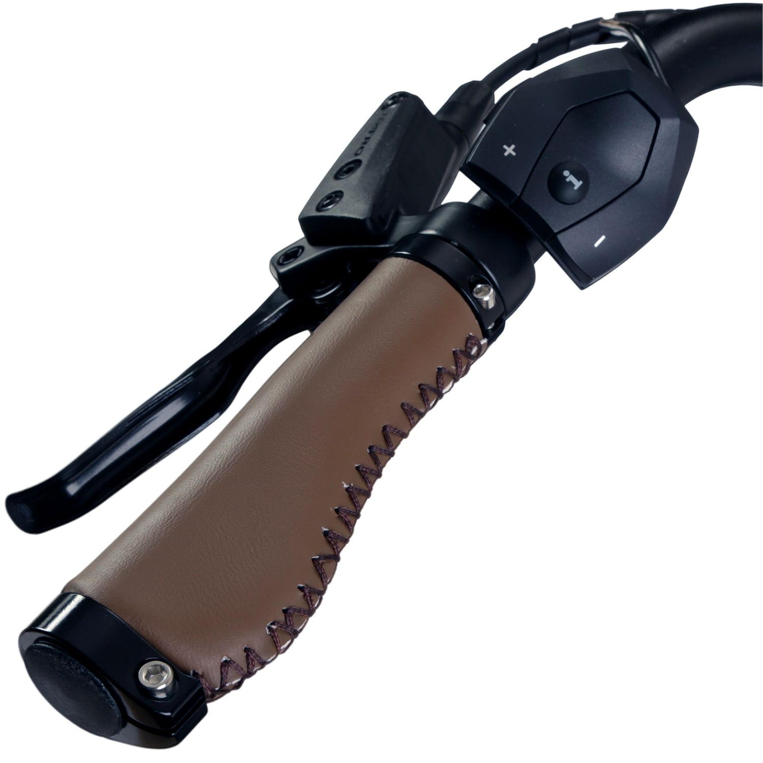 E-Bike Lenker mit braunem Ledergriff, schwarzem Bremshebel und Kontrolltasten.