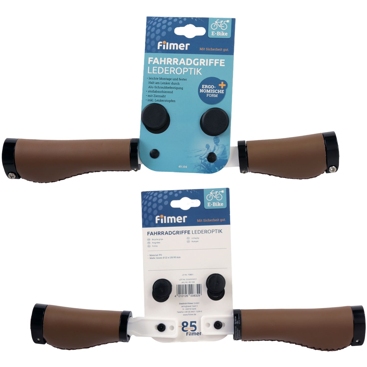 Zwei Sätze braune Filmer Lederoptik-Fahrradgriffe mit schwarzen Enden, originalverpackt auf blauen und weißen Karten.
