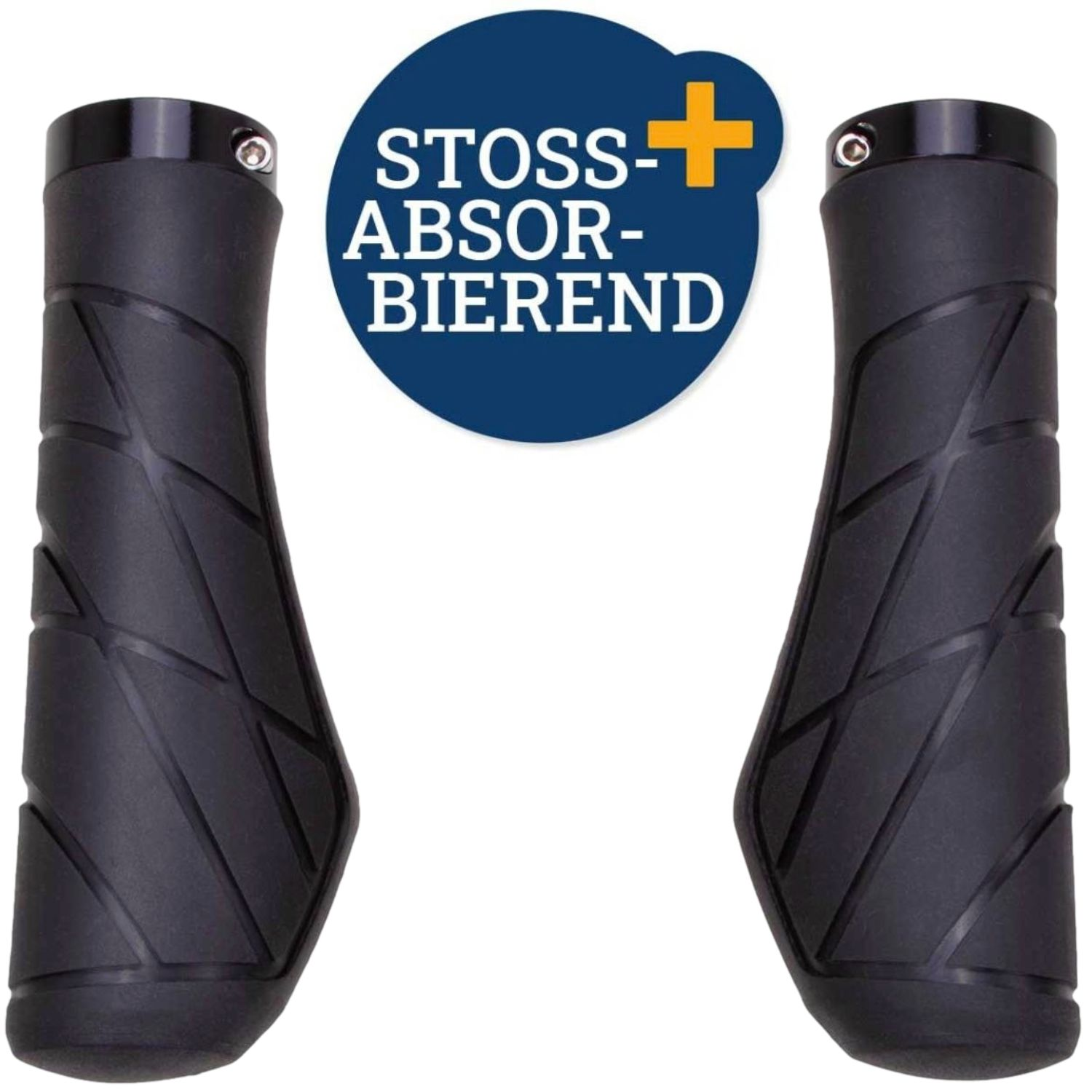 Zwei schwarze Fahrradgriffe mit ergonomischem Design und einem runden blauen Label mit Aufschrift.