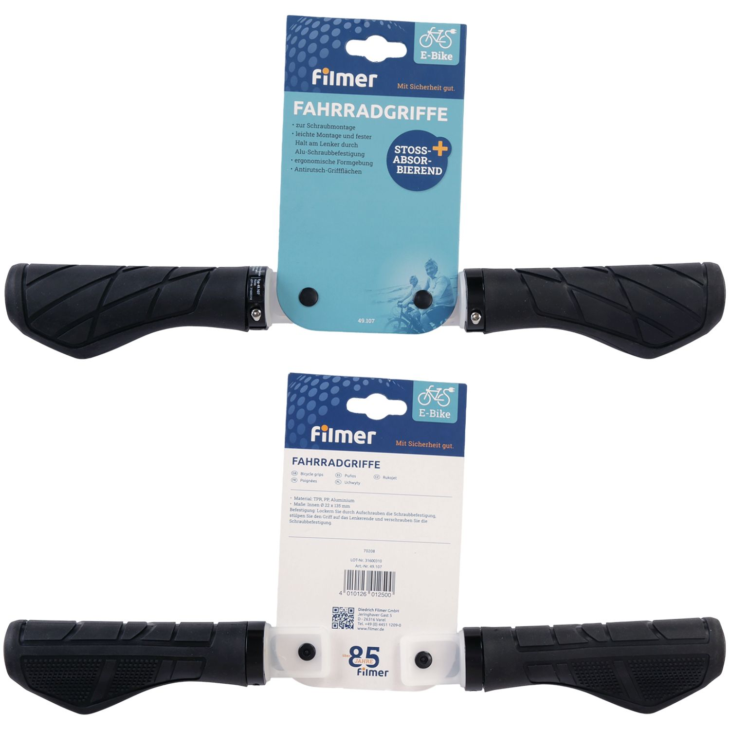 Zwei schwarze ergonomische Fahrradgriffe von Filmer in originaler Verpackung auf weißem Hintergrund.