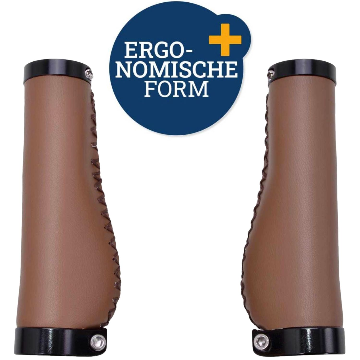 Zwei braune ergonomische Fahrradlenkergriffe aus Leder mit blauer Infografik.