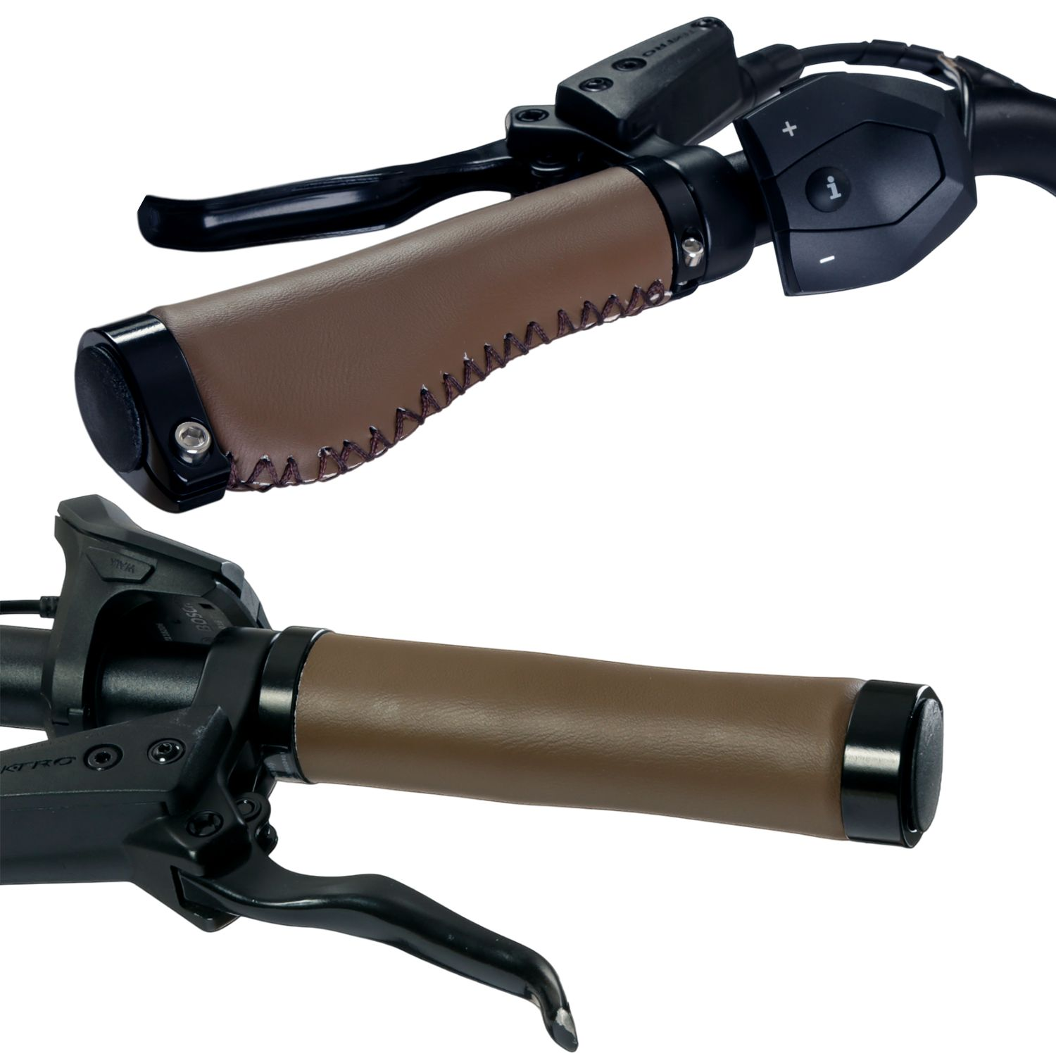 Braune Leder-Fahrradlenkergriffe mit schwarzen Metallenden und Bedienelementen auf weißem Hintergrund.