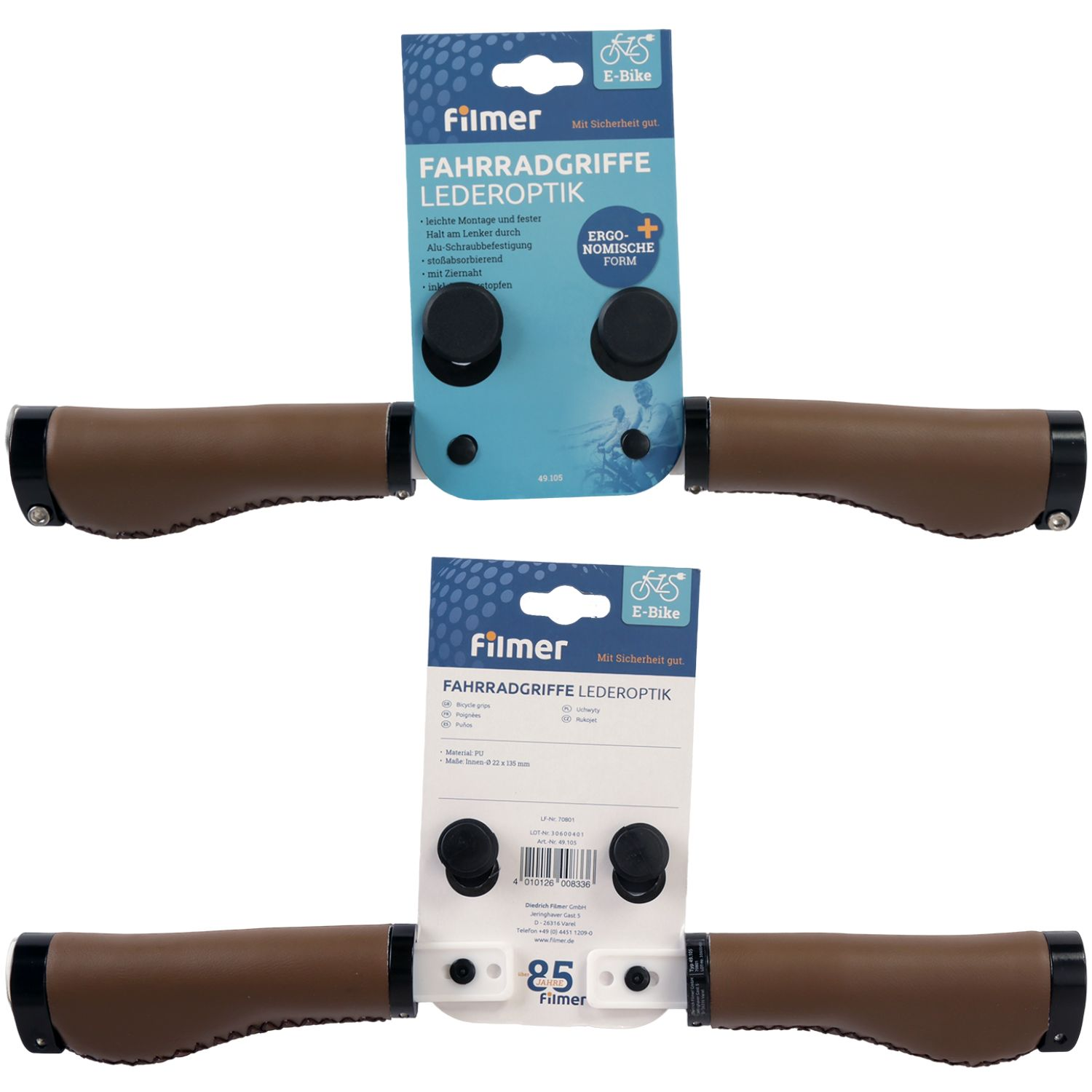 Zwei braune Lederoptik-Fahrradgriffe in Originalverpackung mit schwarzen Lenkerendstopfen.